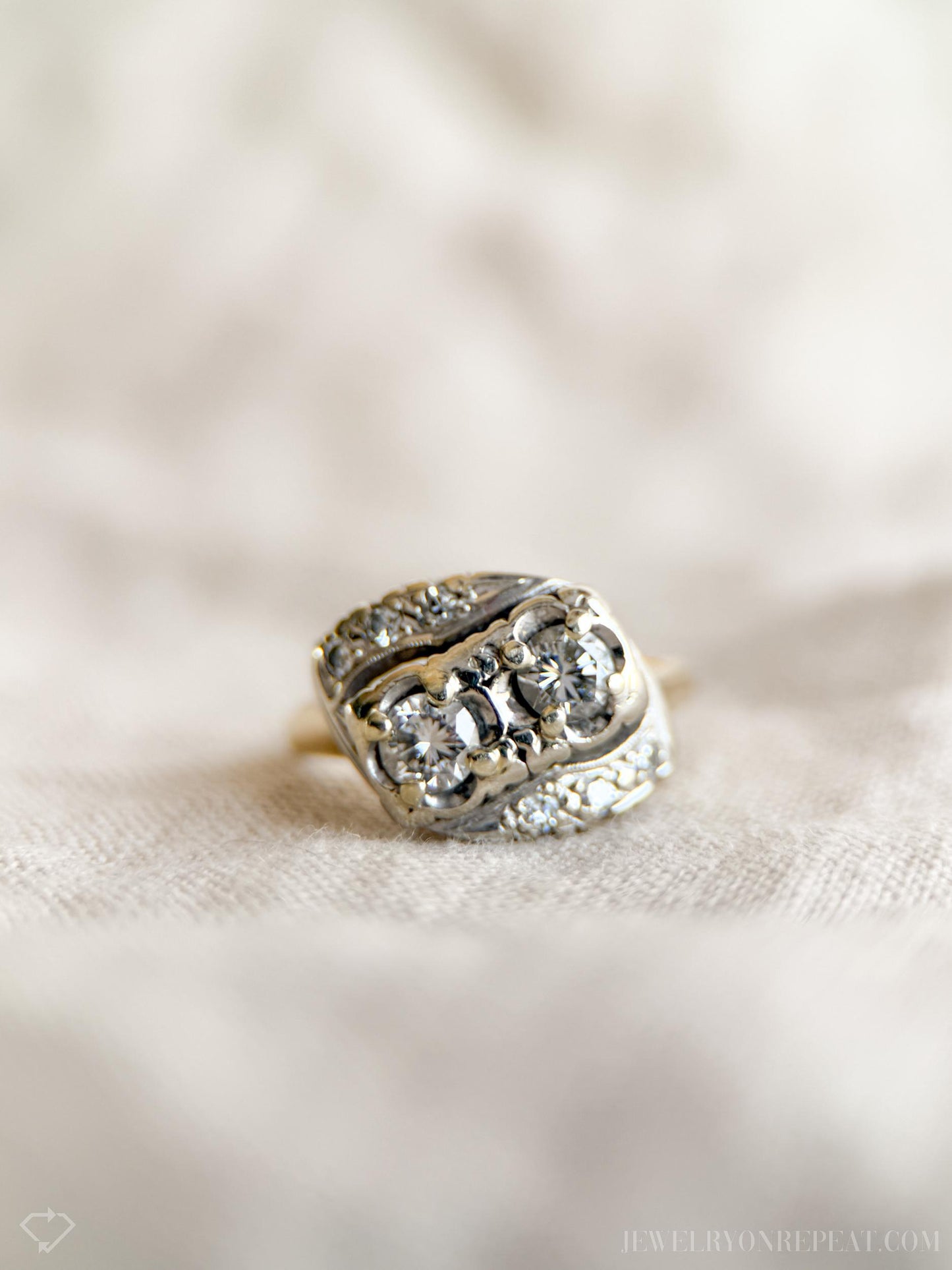 Vintage Art Deco Diamond Engagement Ring in 14k White and Yellow Gold, Antique 1950s Jewelry - Timeless, Sustainable, @JewelryOnRepeat
