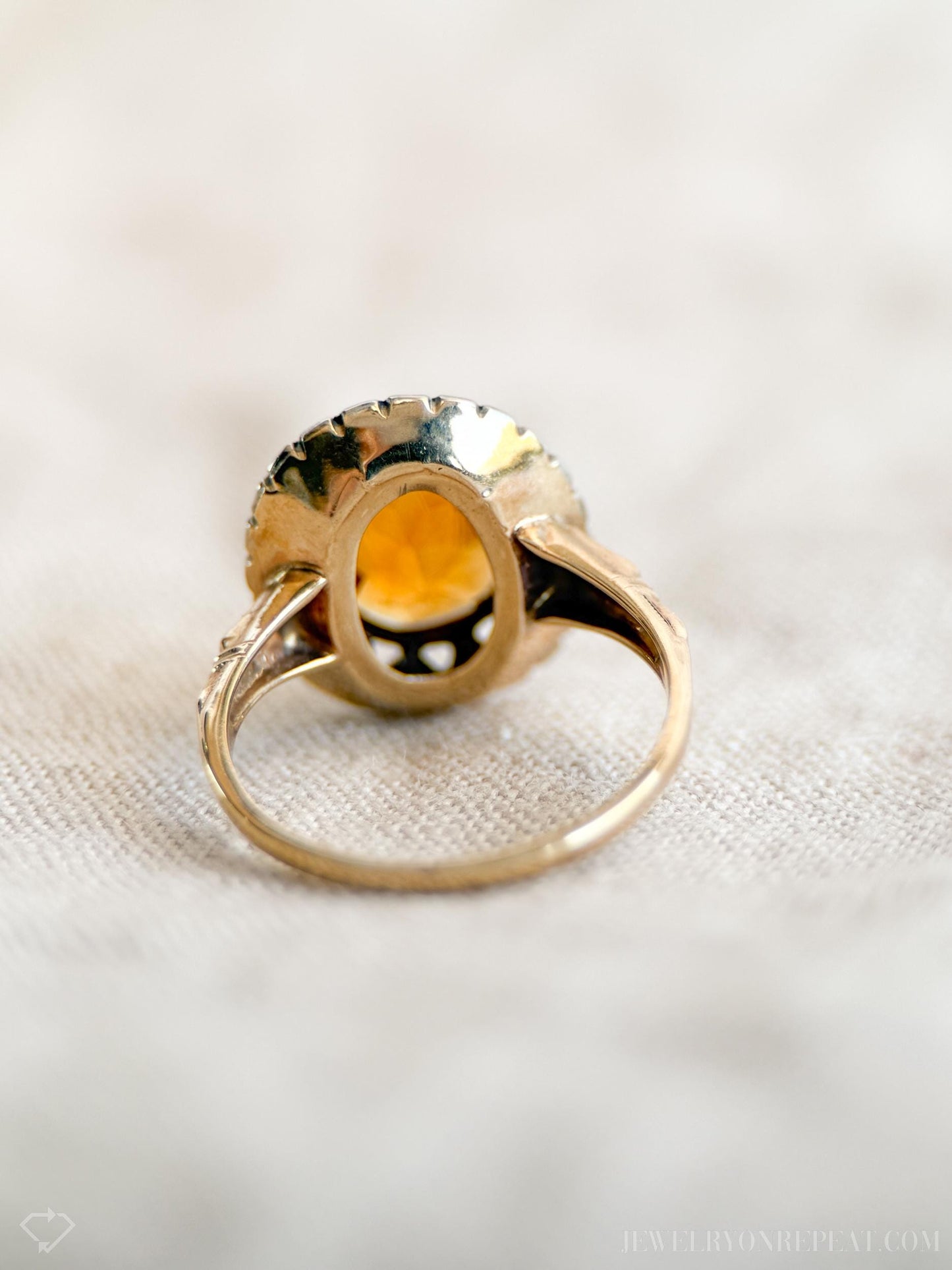 Vintage Citrine Gemstone Halo Cocktail Ring in 10k Gold, Retro Jewelry from the 1940s - Timeless, Sustainable, @JewelryOnRepeat