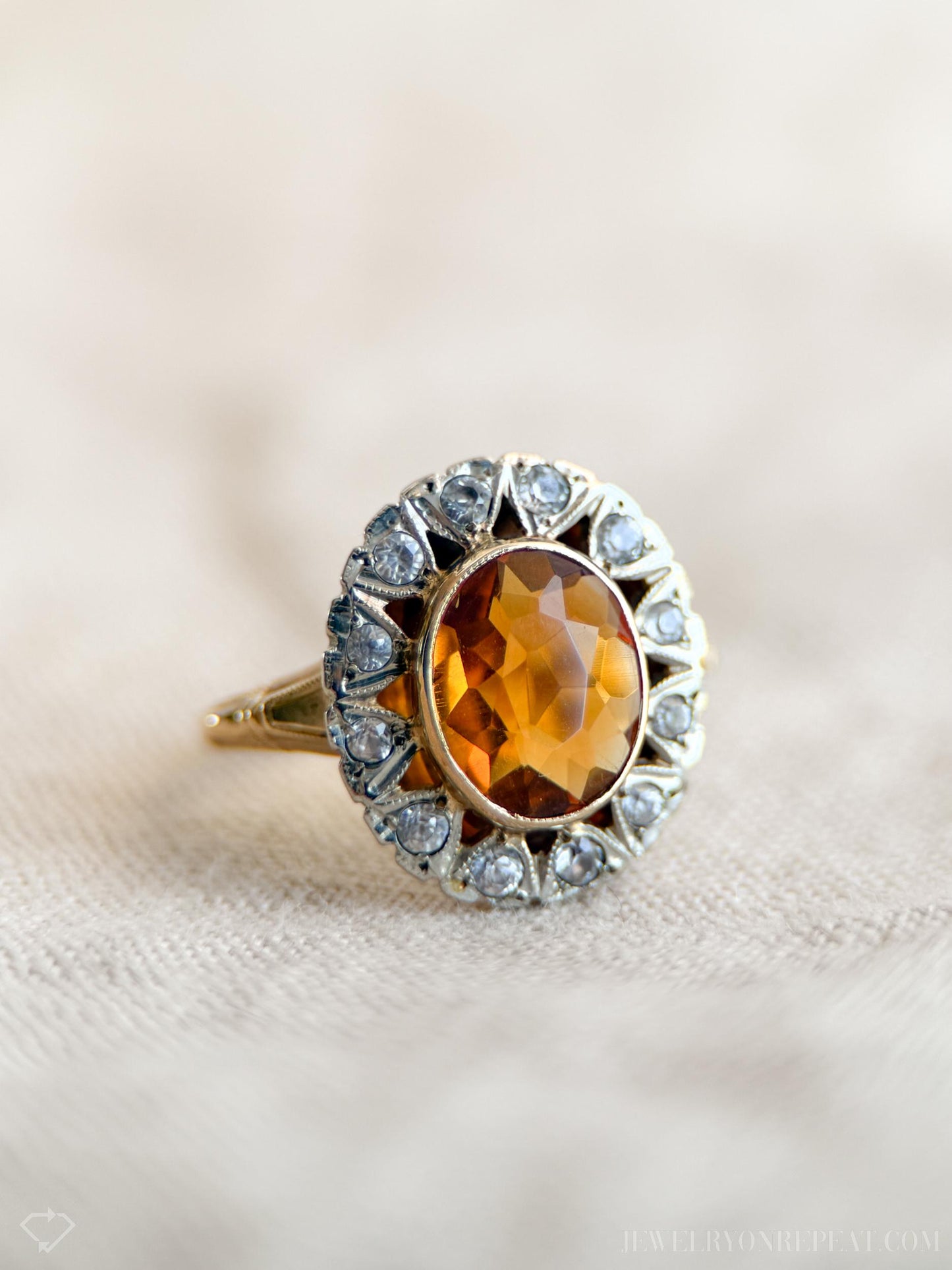 Vintage Citrine Gemstone Halo Cocktail Ring in 10k Gold, Retro Jewelry from the 1940s - Timeless, Sustainable, @JewelryOnRepeat