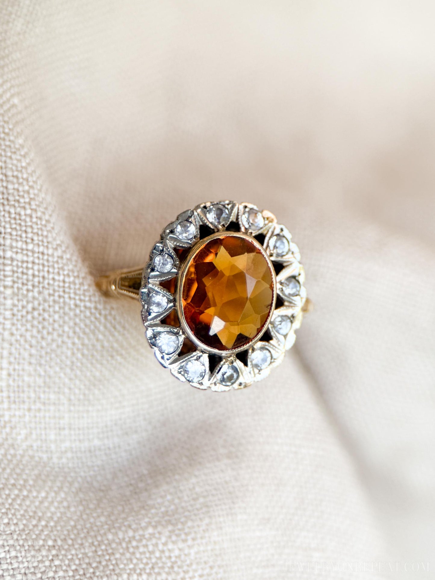 Vintage Citrine Gemstone Halo Cocktail Ring in 10k Gold, Retro Jewelry from the 1940s - Timeless, Sustainable, @JewelryOnRepeat