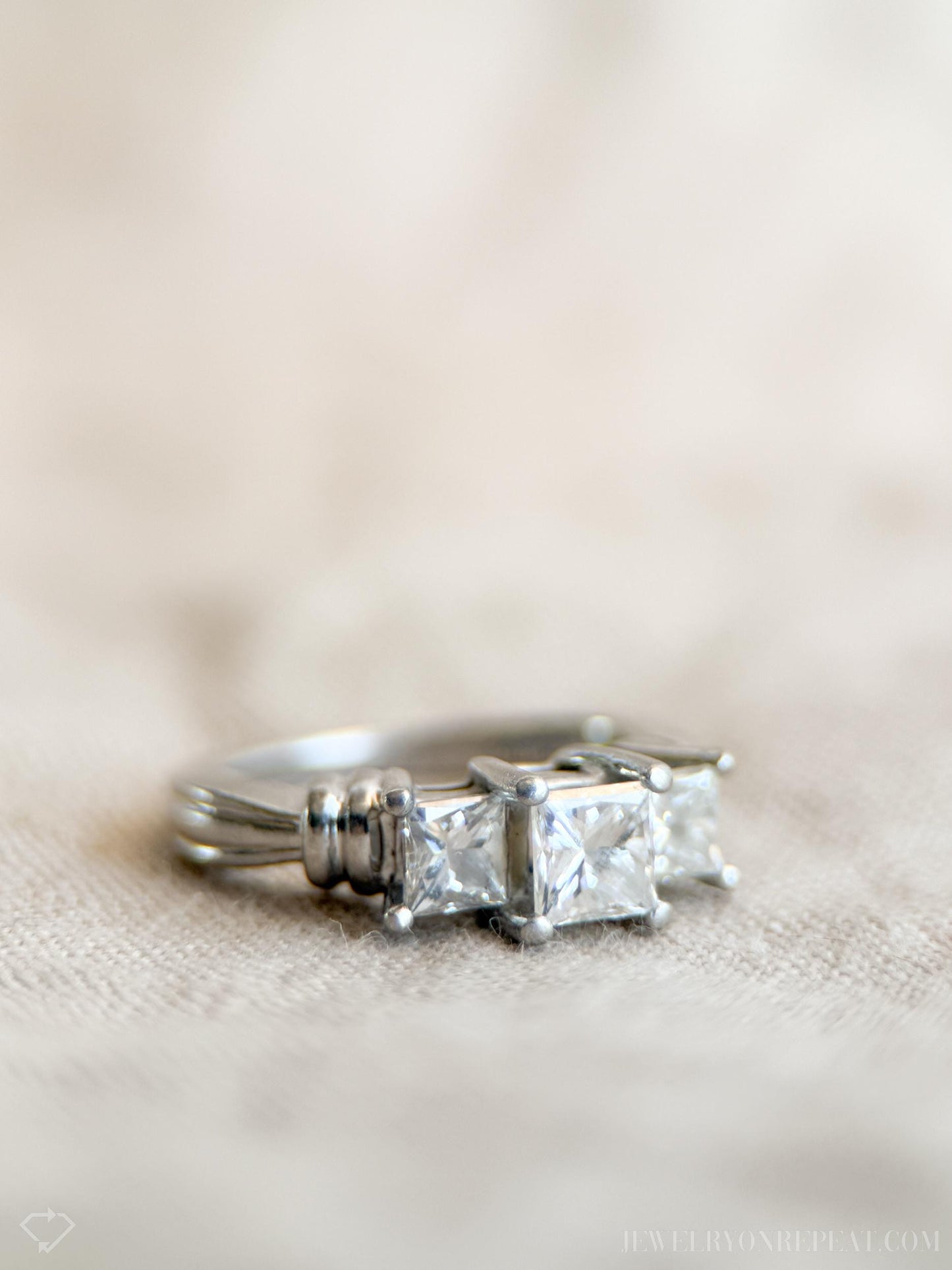 Vintage Princess Cut Diamond Three Stone Engagement Ring in Platinum - Retro 2000s Jewelry - Timeless, Sustainable, @JewelryOnRepeat