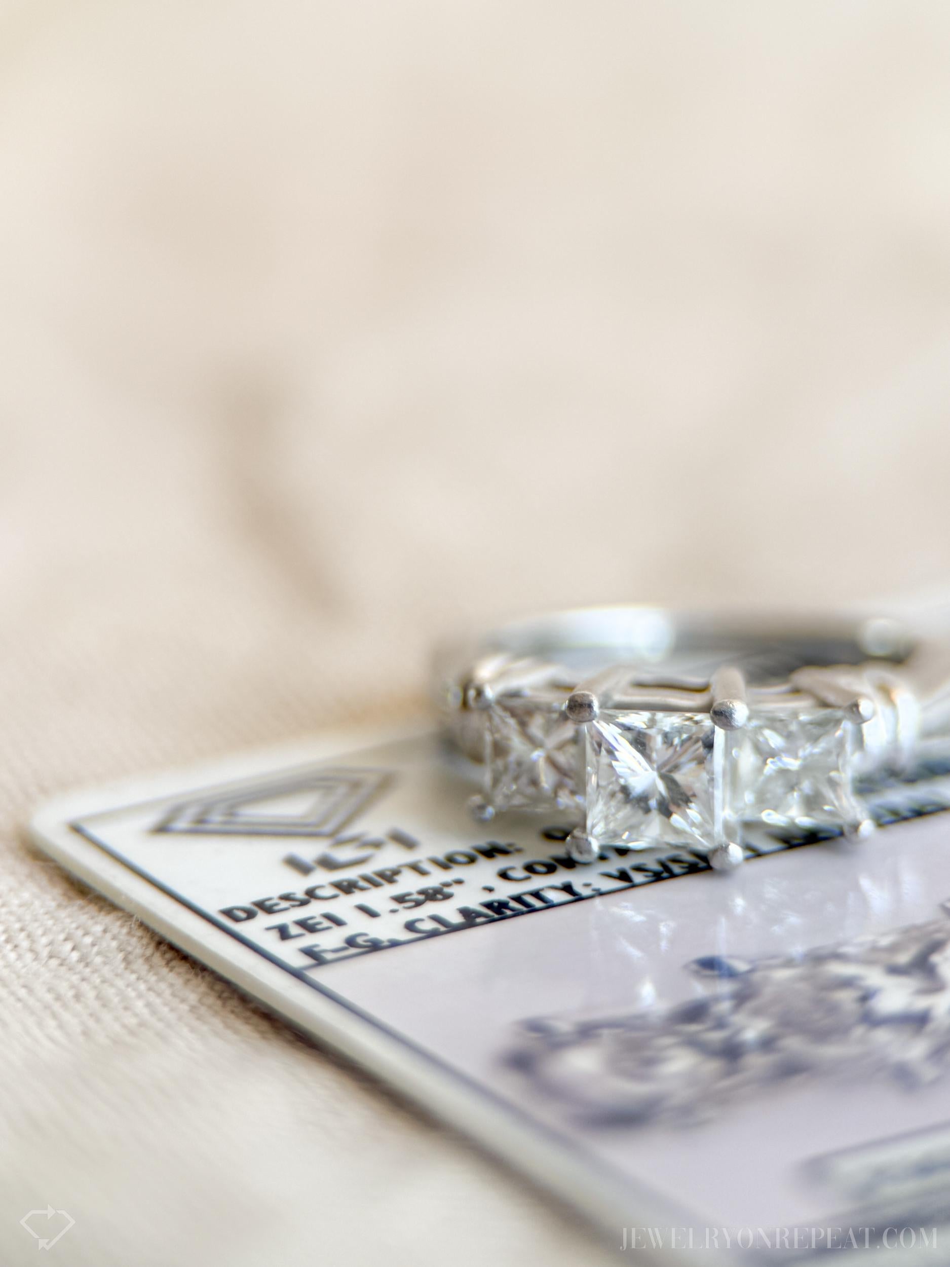 Vintage Princess Cut Diamond Three Stone Engagement Ring in Platinum - Retro 2000s Jewelry - Timeless, Sustainable, @JewelryOnRepeat