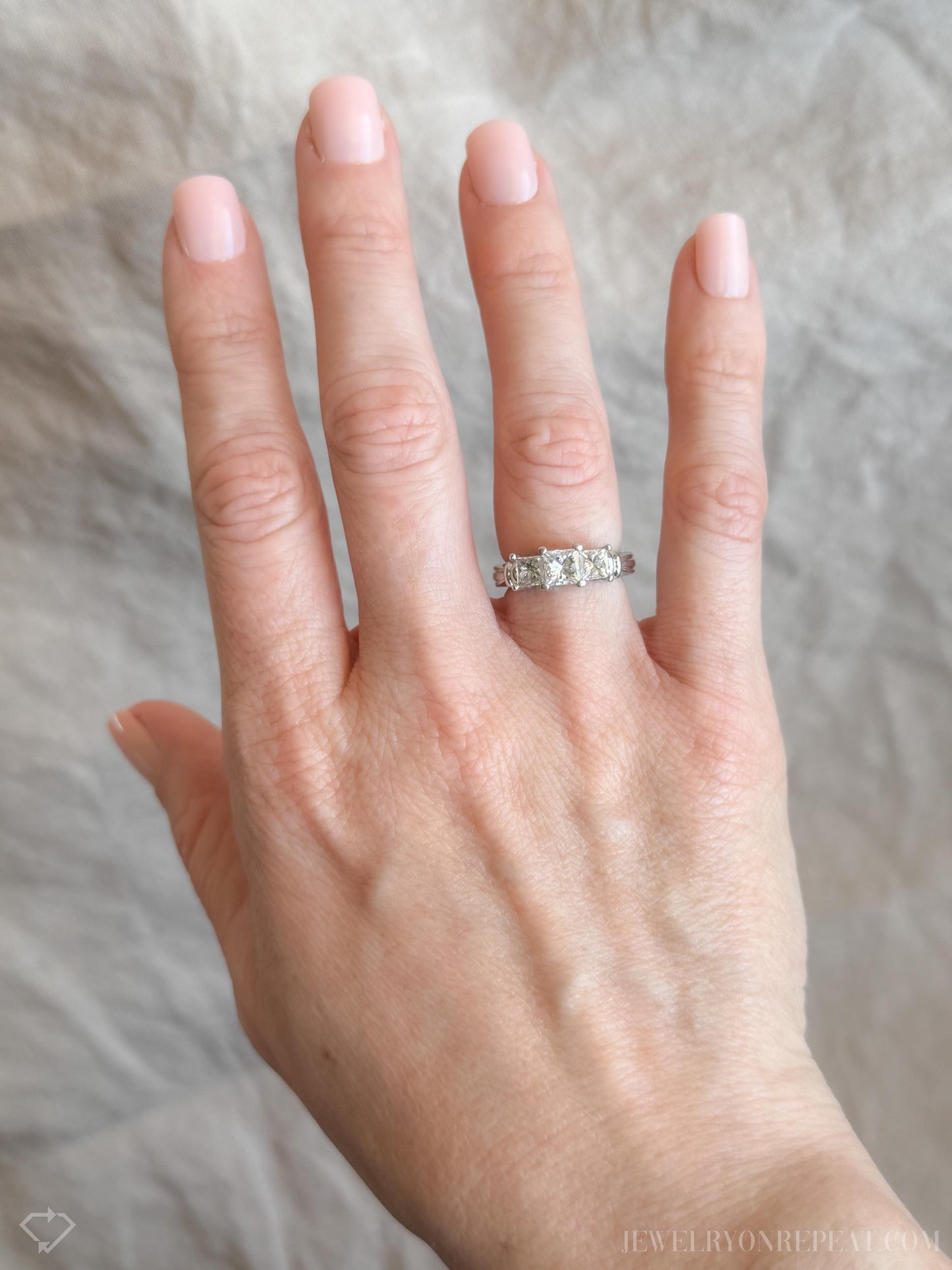 Vintage Princess Cut Diamond Three Stone Engagement Ring in Platinum - Retro 2000s Jewelry - Timeless, Sustainable, @JewelryOnRepeat