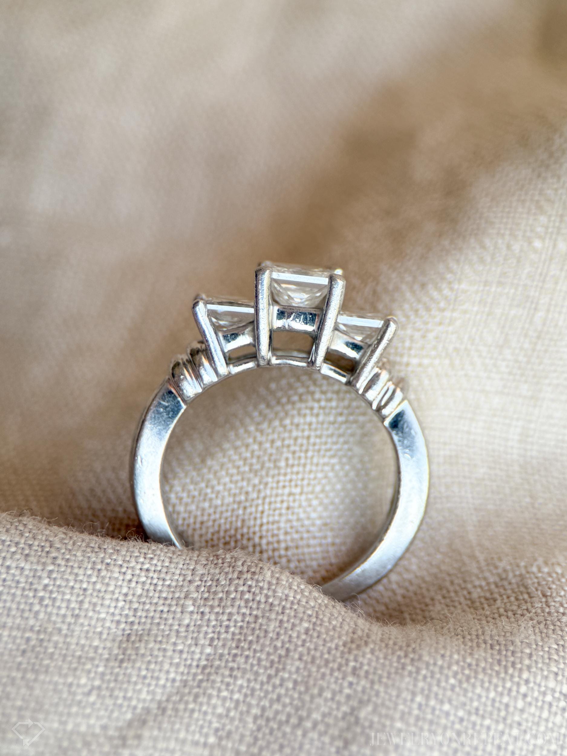 Vintage Princess Cut Diamond Three Stone Engagement Ring in Platinum - Retro 2000s Jewelry - Timeless, Sustainable, @JewelryOnRepeat
