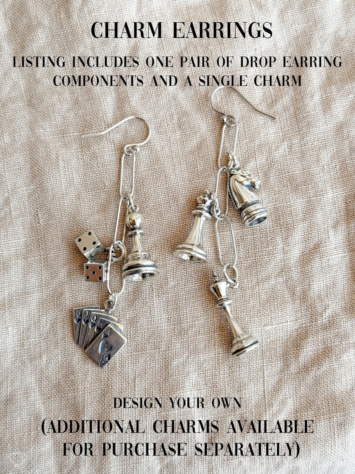 King Chess Piece Charm Earrings in Solid Sterling Silver, Board Games Themed Custom Charm Jewelry - Timeless, Sustainable, @JewelryOnRepeat