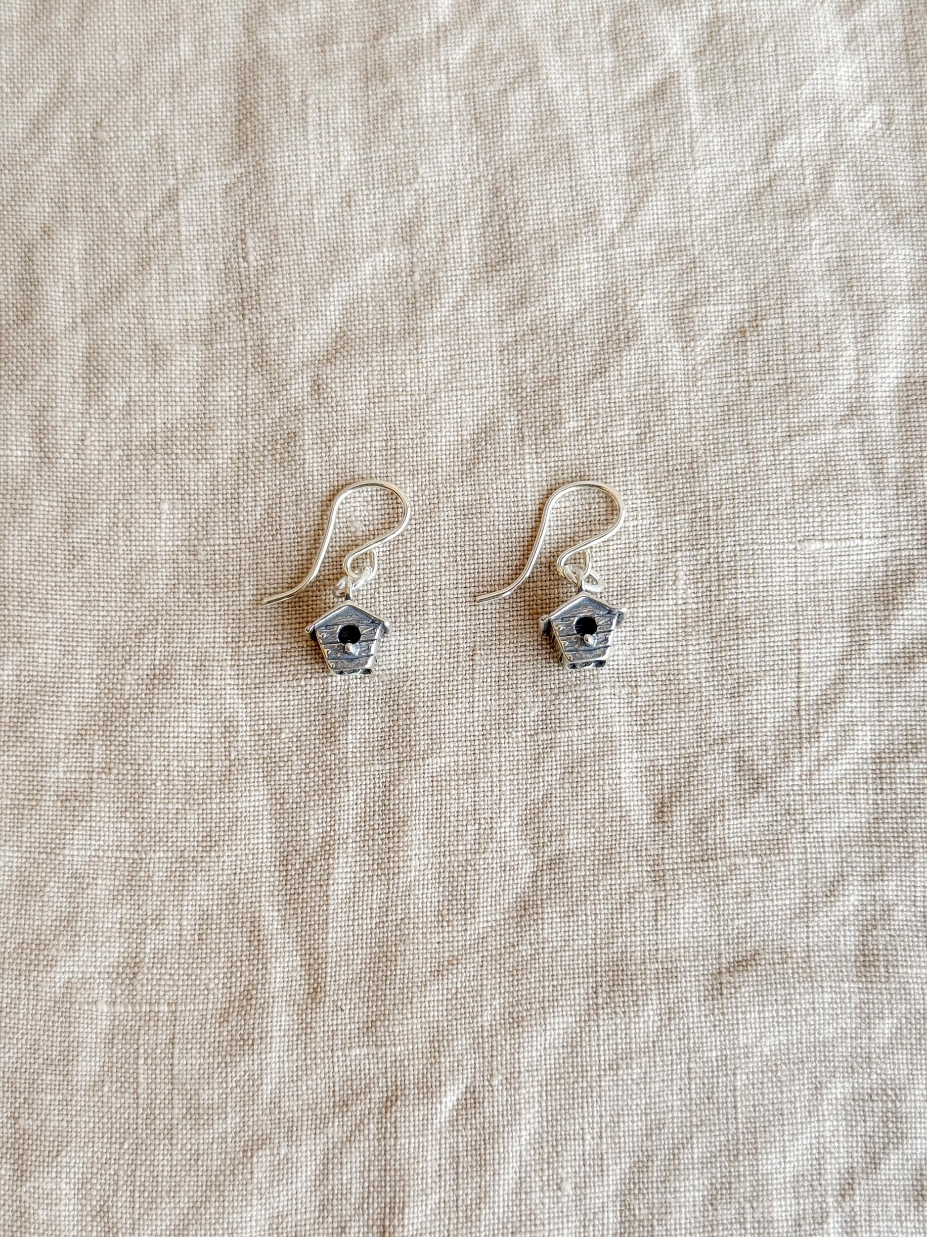 Birdhouse Charm Earrings in Solid Sterling Silver, Birds and Garden Themed Personalized Jewelry - Timeless, Sustainable, @JewelryOnRepeat
