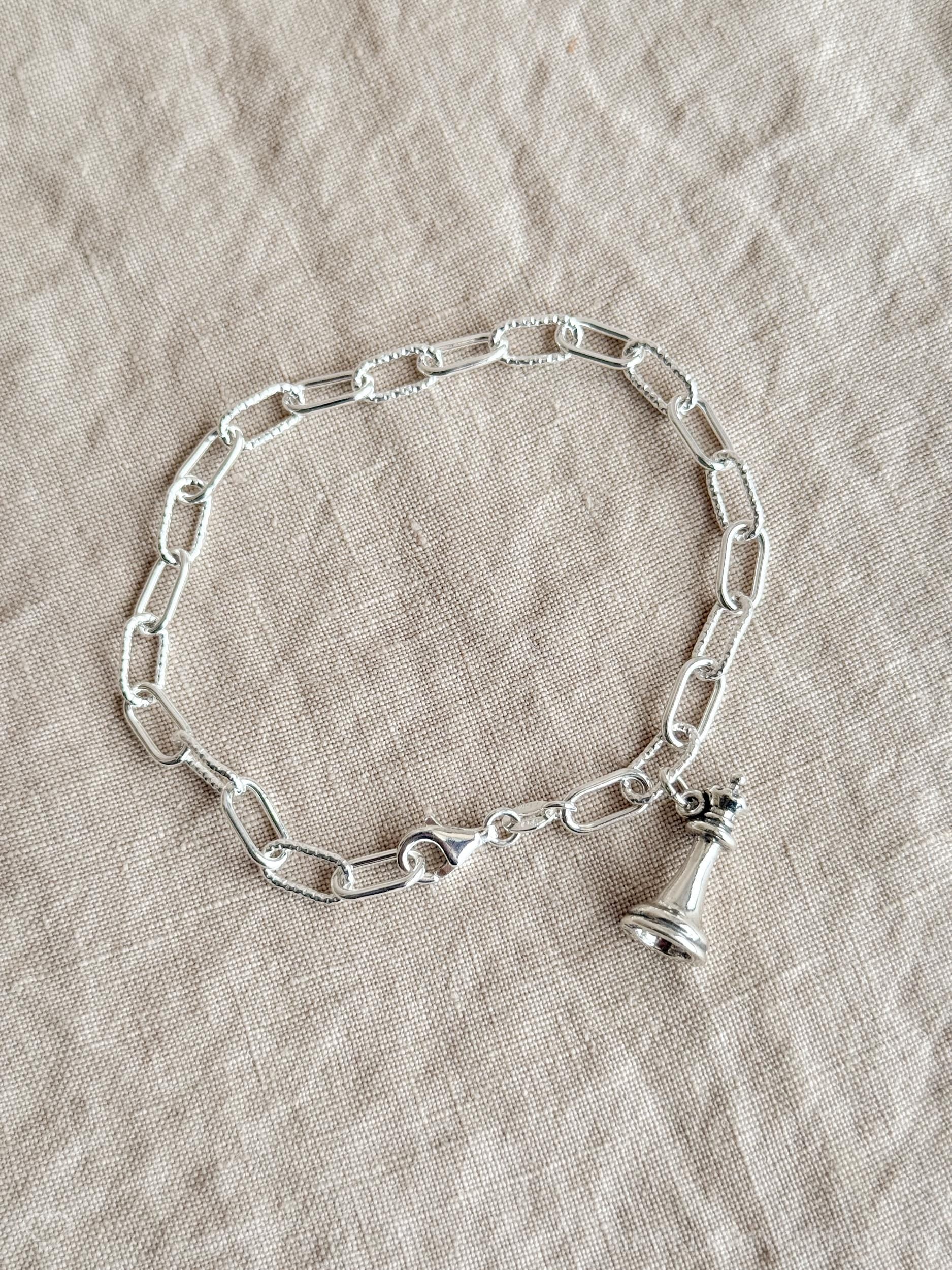 Queen Chess Piece Charm Bracelet in Solid Sterling Silver, Board Games Themed Fine Jewelry Charms - Timeless, Sustainable, @JewelryOnRepeat