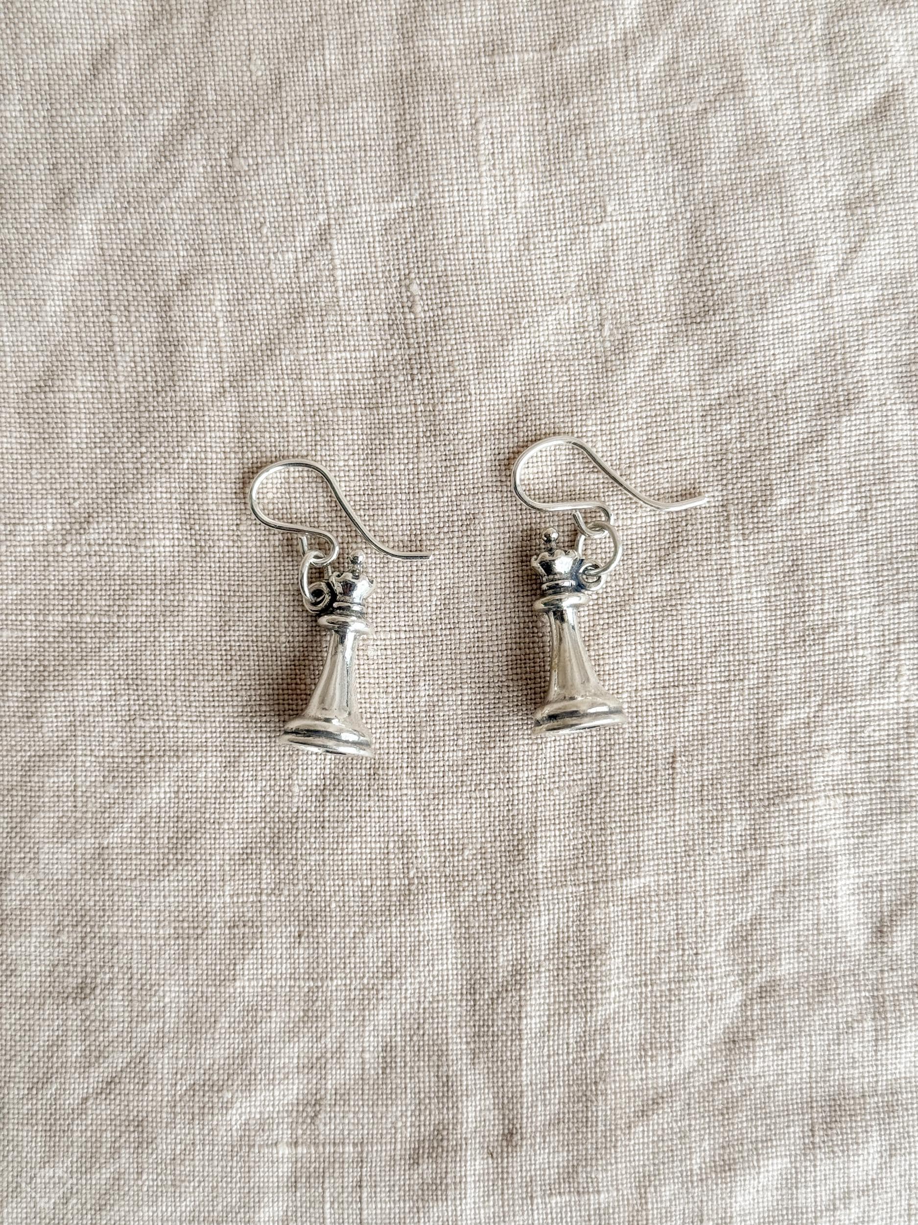 Queen Chess Piece Charm Earrings in Solid Sterling Silver, Board Games Themed Fine Jewelry Charms - Timeless, Sustainable, @JewelryOnRepeat
