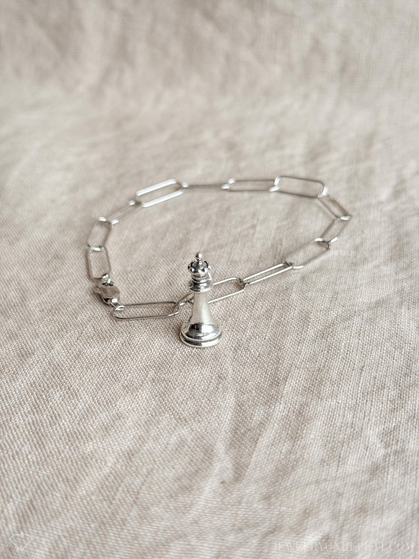 Queen Chess Piece Charm Bracelet in Solid Sterling Silver, Board Games Themed Fine Jewelry Charms - Timeless, Sustainable, @JewelryOnRepeat