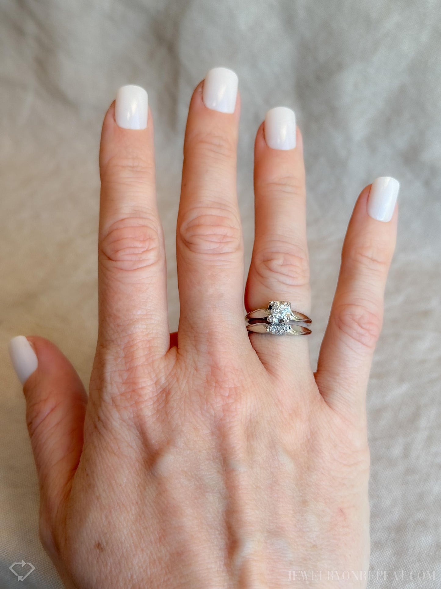 Vintage Diamond Bridal Set, Solitaire Engagement Ring and Wedding Band in 14k White Gold - Timeless, Sustainable, @JewelryOnRepeat