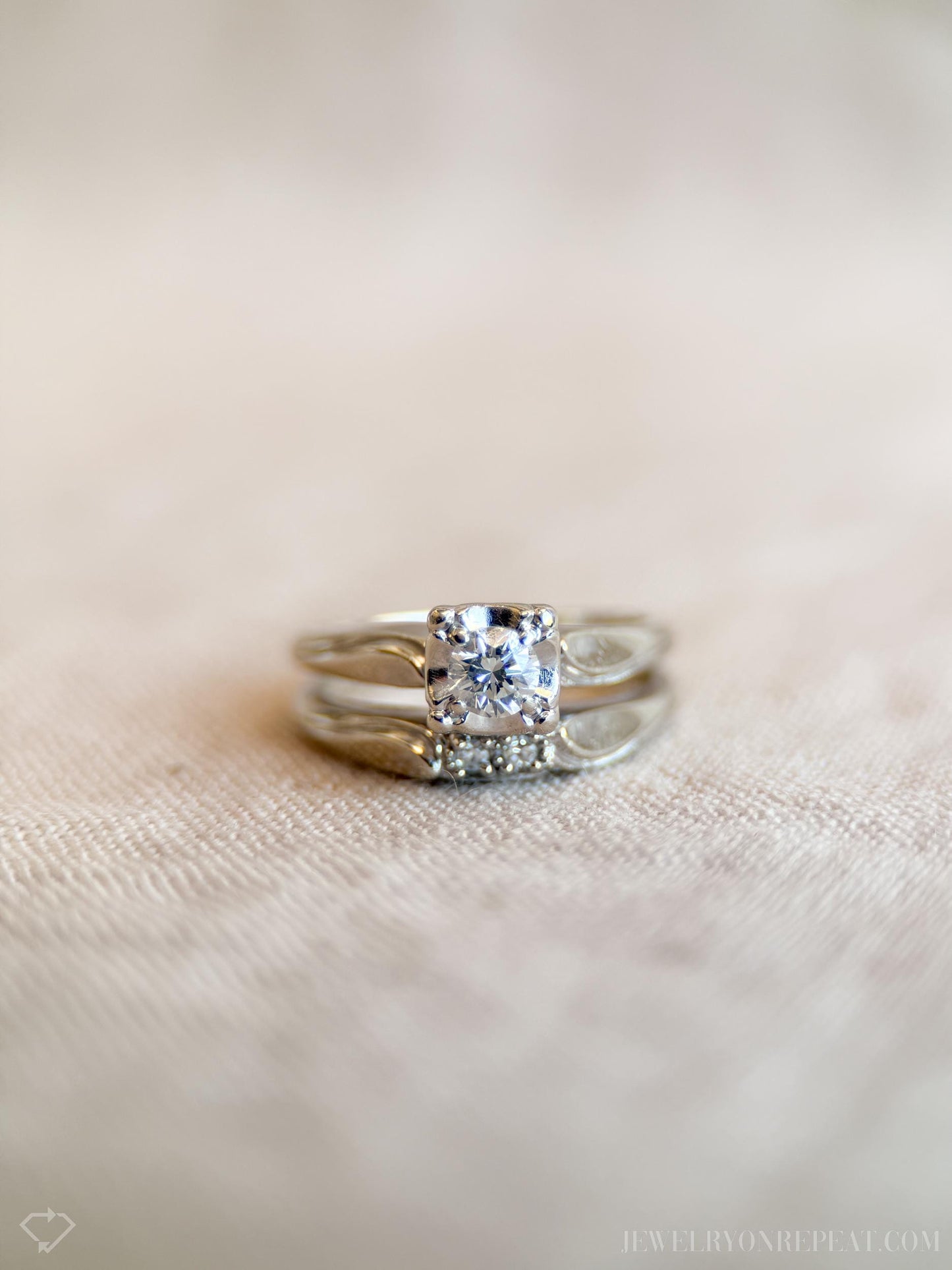 Vintage Diamond Bridal Set, Solitaire Engagement Ring and Wedding Band in 14k White Gold - Timeless, Sustainable, @JewelryOnRepeat