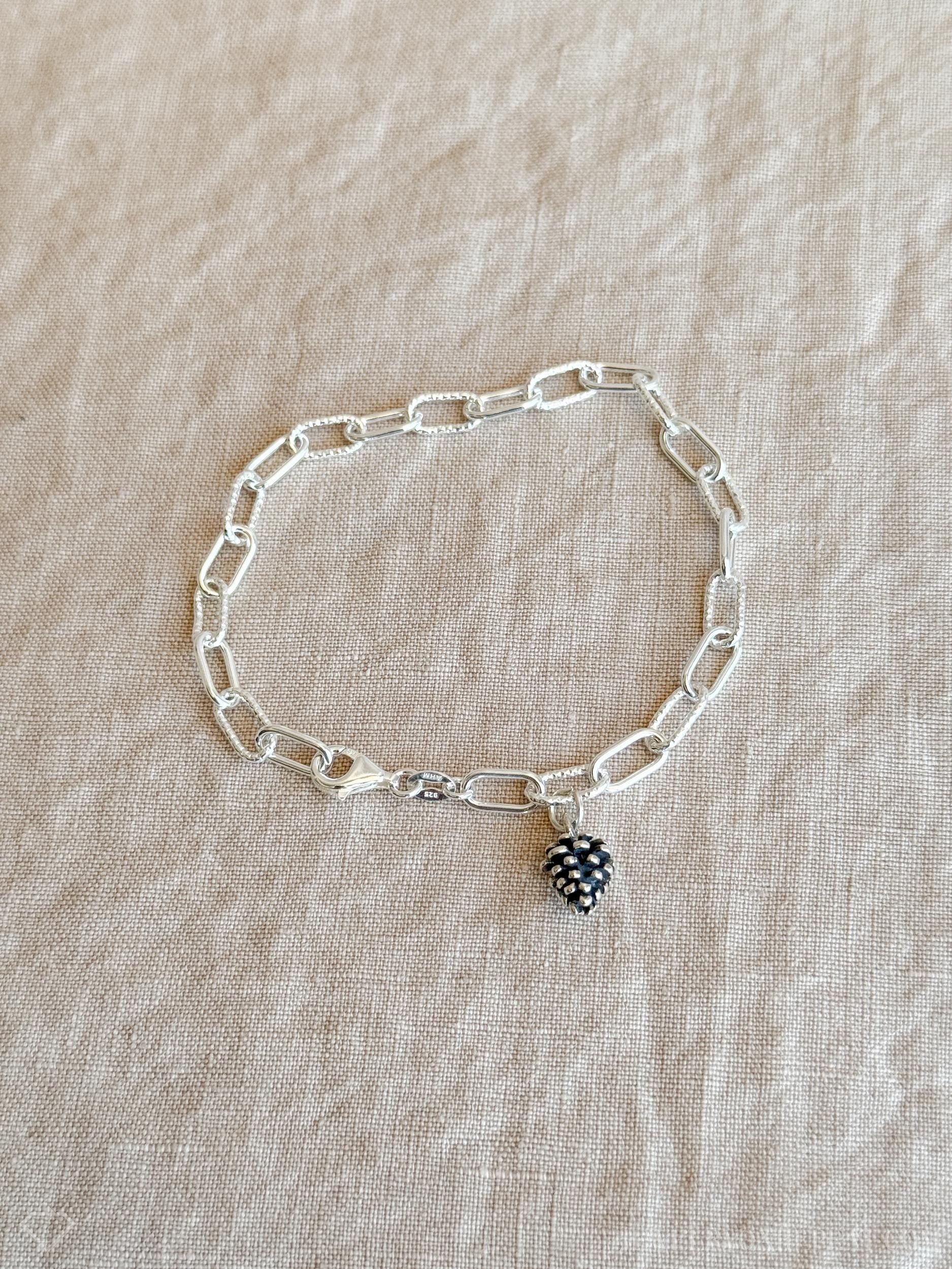 Pine Cone Charm Bracelet in Solid Sterling Silver, Nature Themed Personalized Charm Jewelry - Timeless, Sustainable, @JewelryOnRepeat