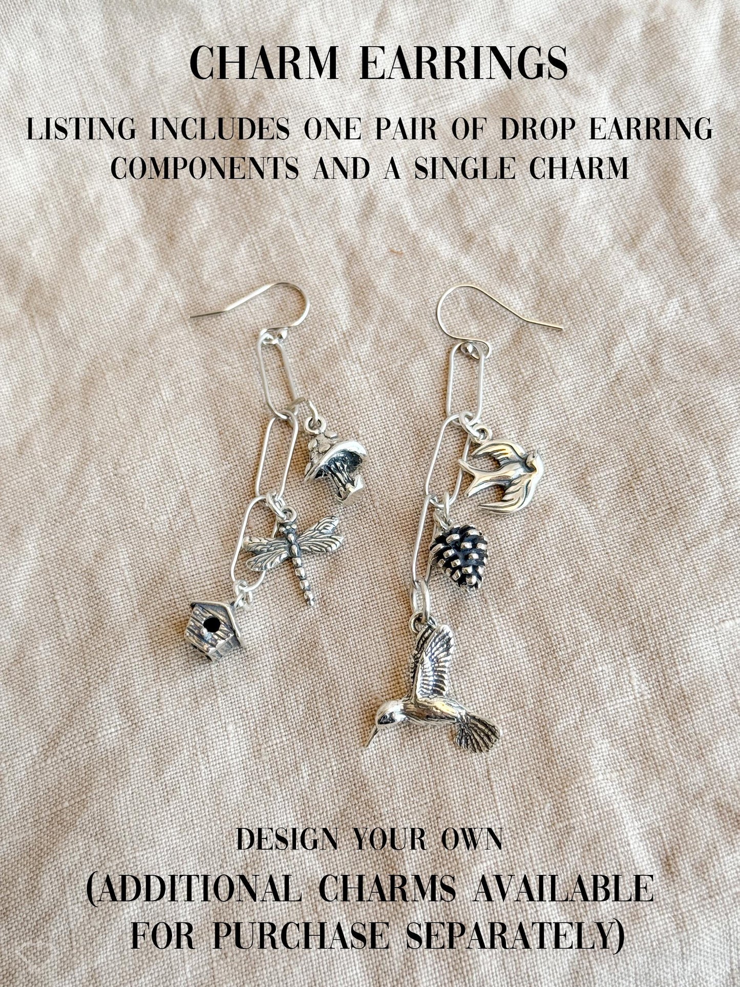 Sparrow Charm Earrings in Solid Sterling Silver, Animal Themed Personalized Charm Jewelry - Timeless, Sustainable, @JewelryOnRepeat