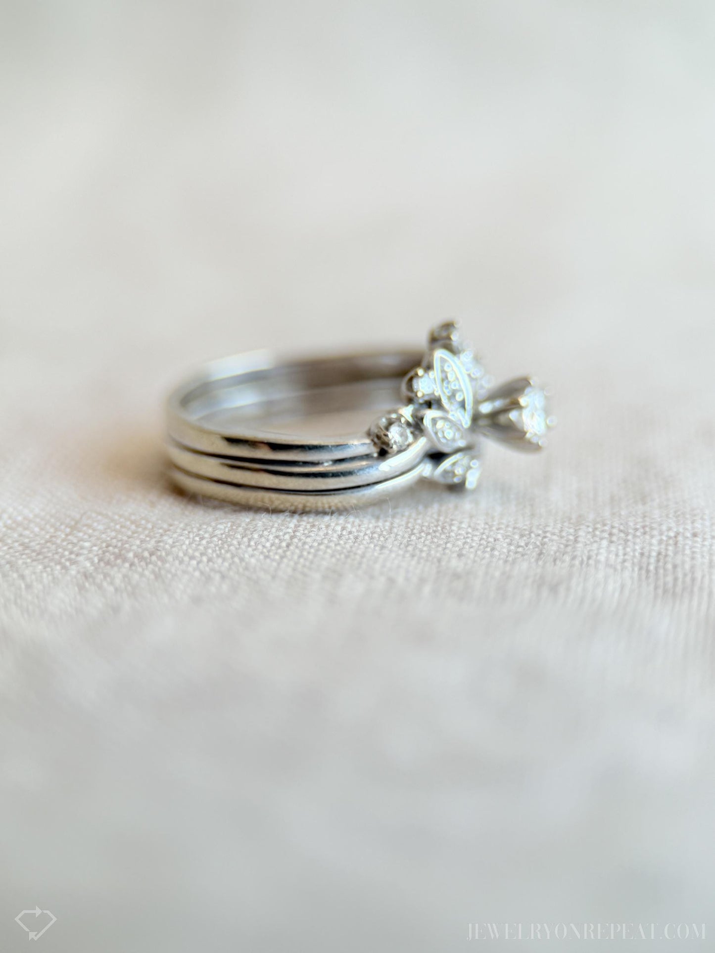 Vintage Diamond Engagement and Wedding Ring Floral Bridal Set in 14k White Gold, Retro 1990s Jewelry - Timeless @JewelryOnRepeat