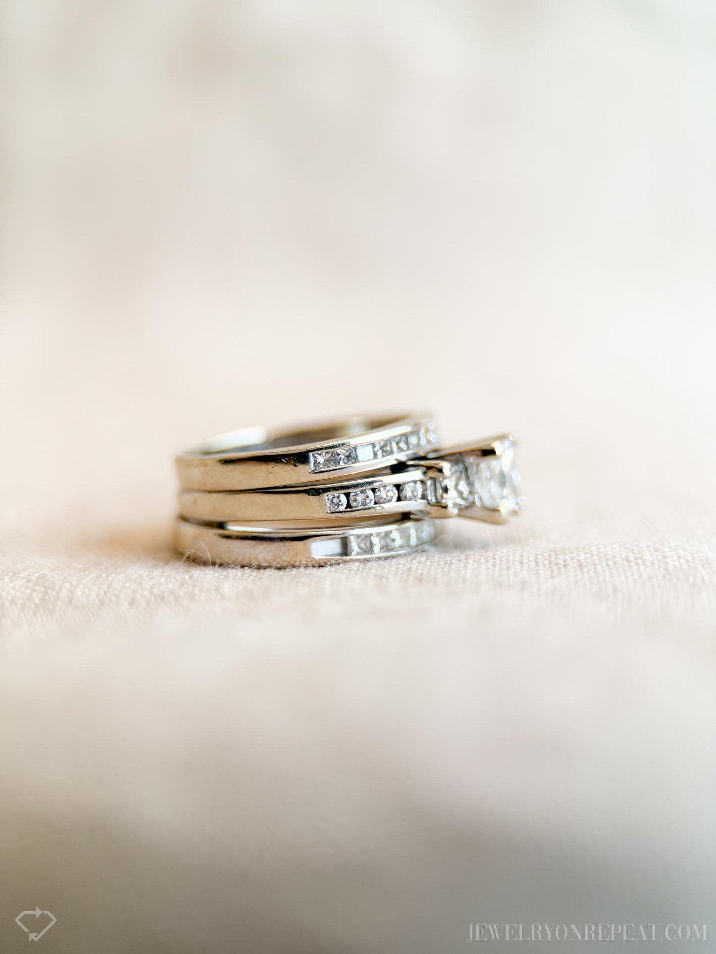 Vintage Three Stone Princess Cut Diamond Engagement Ring and Wedding Band Set in 14k White Gold, 90s Jewelry - Sustainable, @JewelryOnRepeat