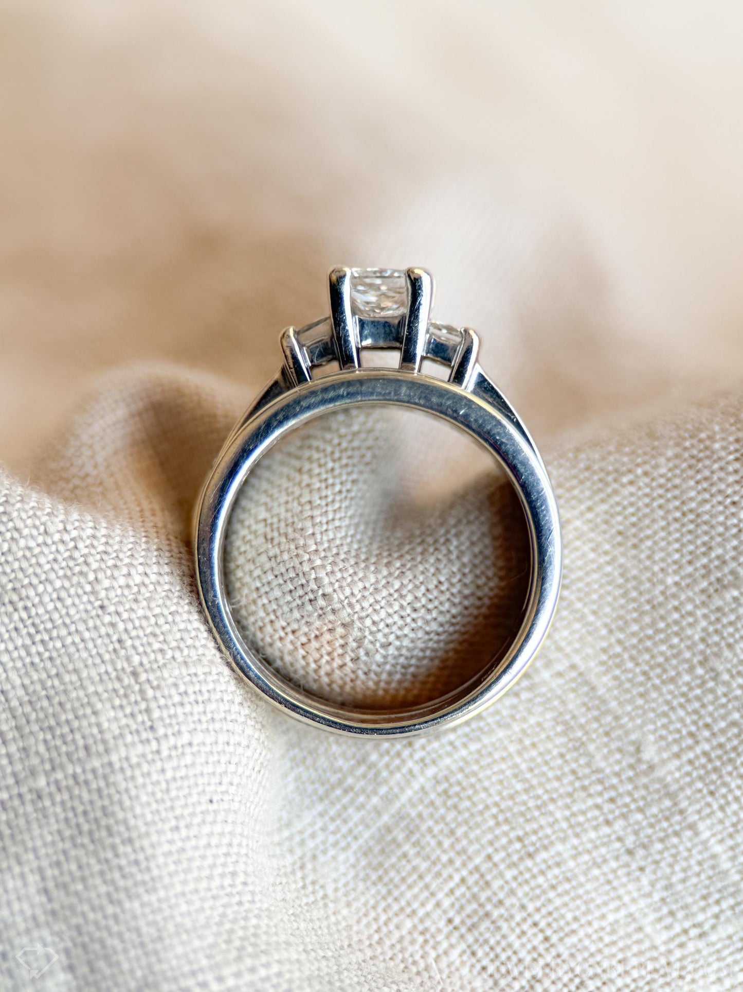 Vintage Three Stone Princess Cut Diamond Engagement Ring and Wedding Band Set in 14k White Gold, 90s Jewelry - Sustainable, @JewelryOnRepeat