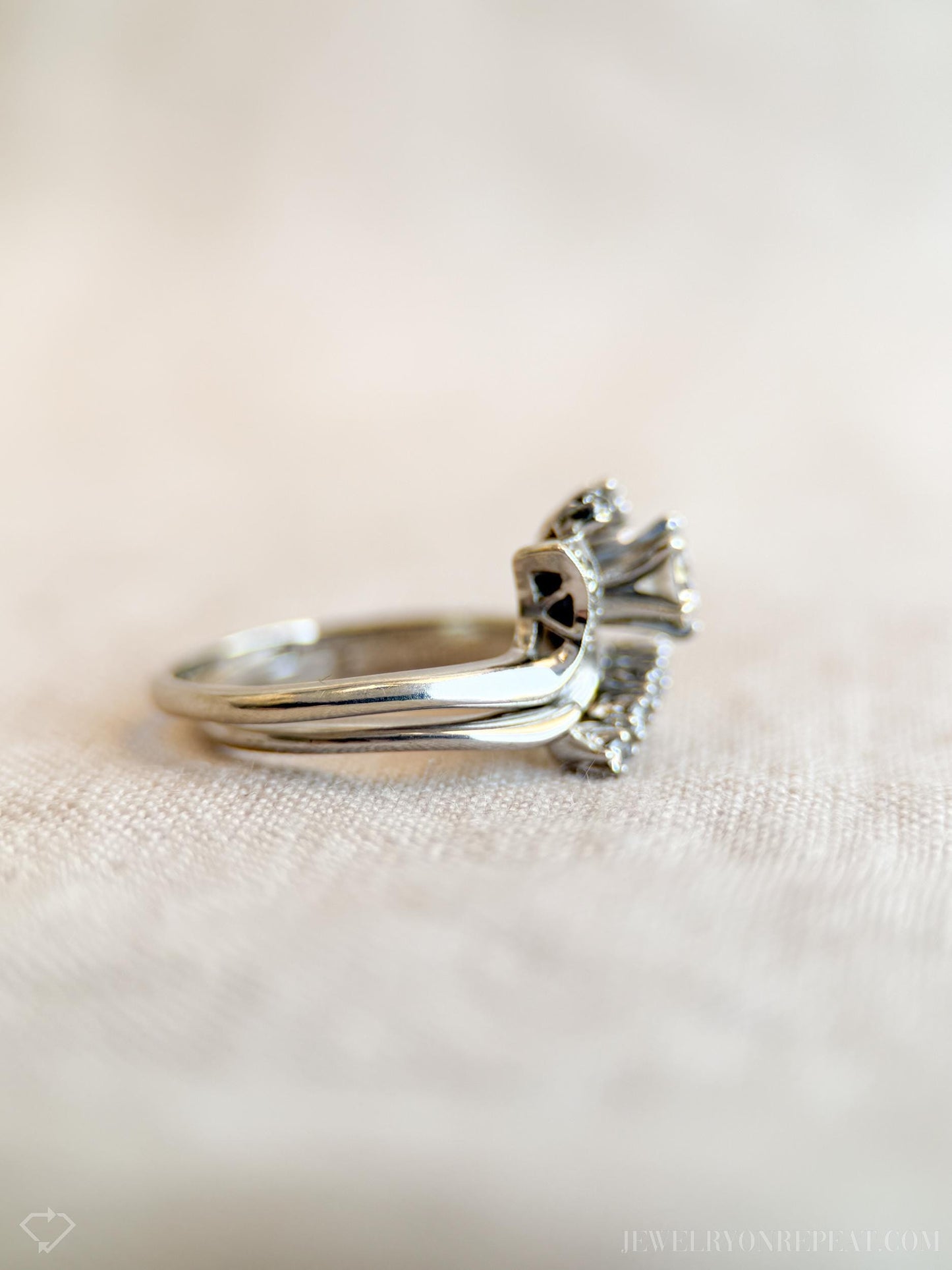 Vintage Diamond Engagement and Wedding Ring Floral Bridal Set in 14k White Gold, Antique 1950s Jewelry - Timeless @JewelryOnRepeat