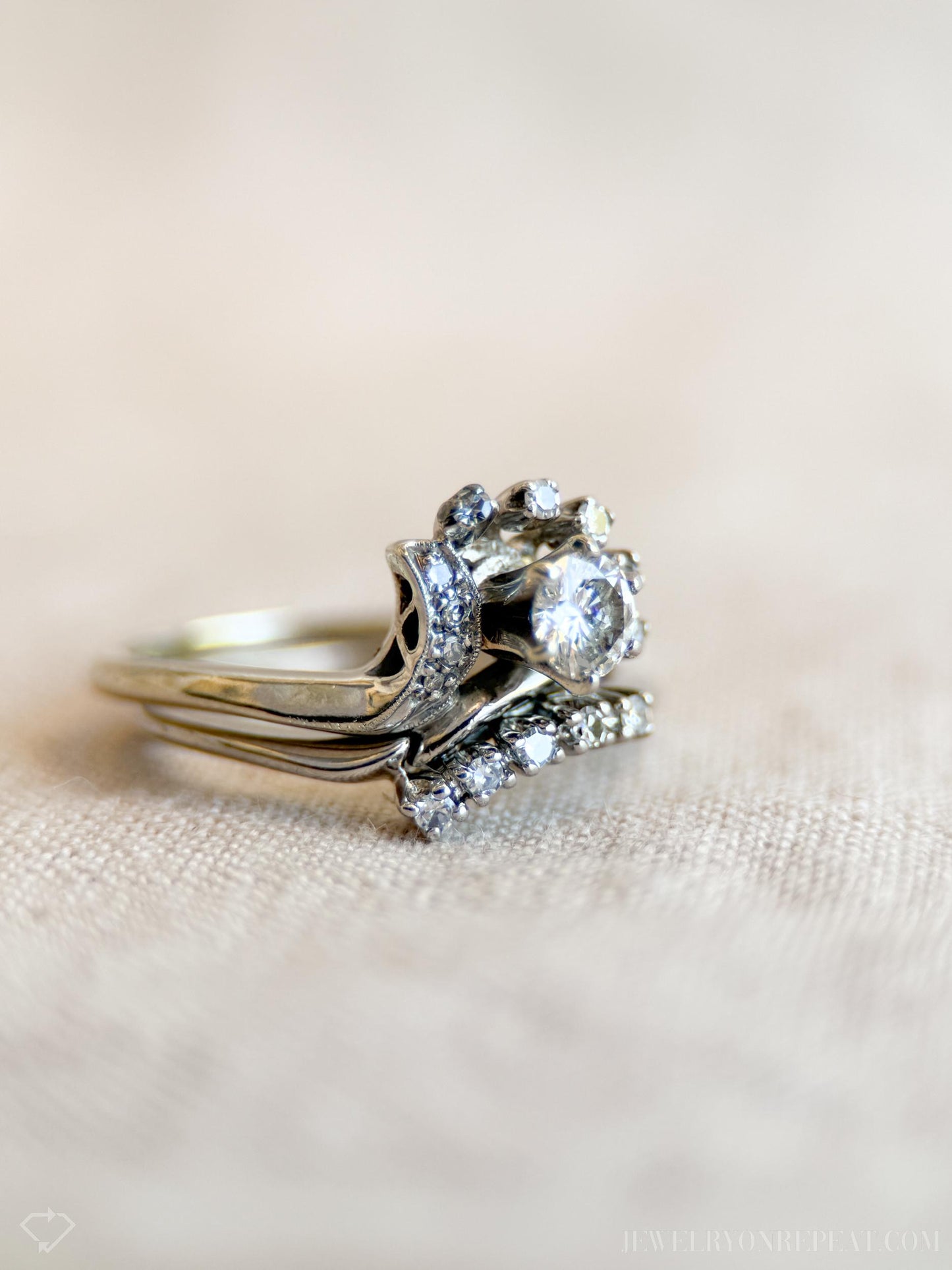 Vintage Diamond Engagement and Wedding Ring Floral Bridal Set in 14k White Gold, Antique 1950s Jewelry - Timeless @JewelryOnRepeat