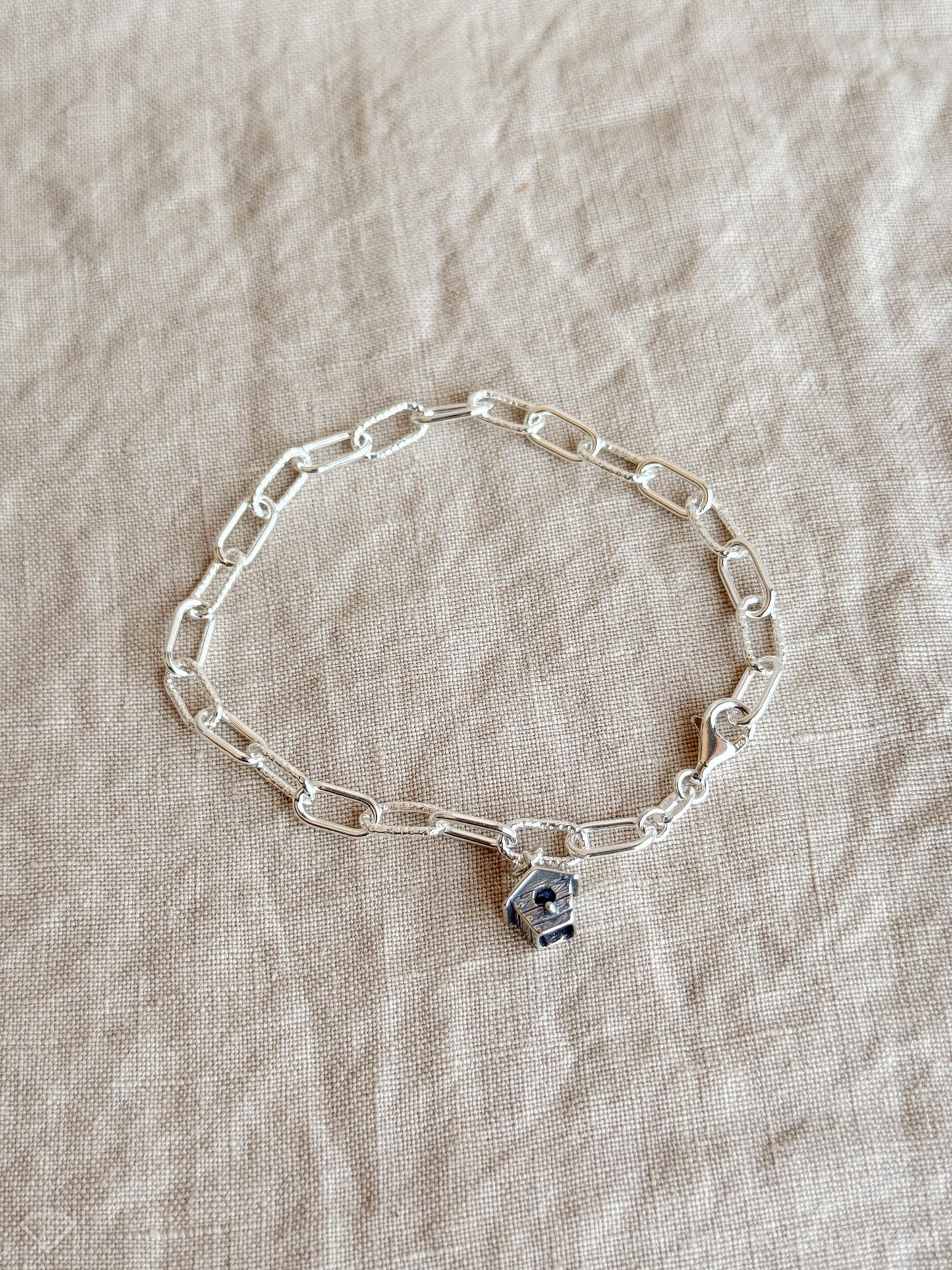 Birdhouse Charm Bracelet in Solid Sterling Silver, Birds and Garden Themed Personalized Jewelry - Timeless, Sustainable, @JewelryOnRepeat
