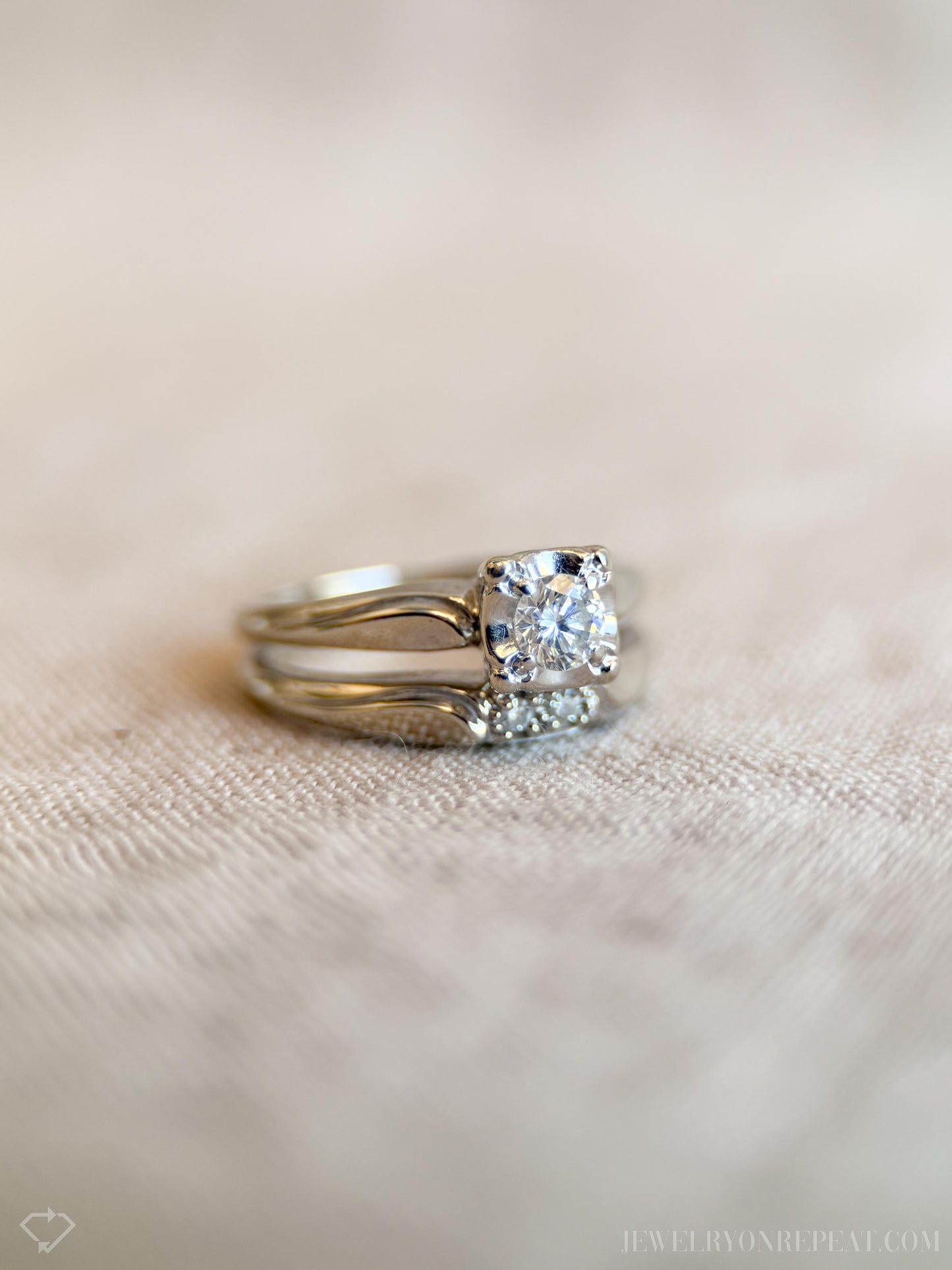 Vintage Diamond Bridal Set, Solitaire Engagement Ring and Wedding Band in 14k White Gold - Timeless, Sustainable, @JewelryOnRepeat