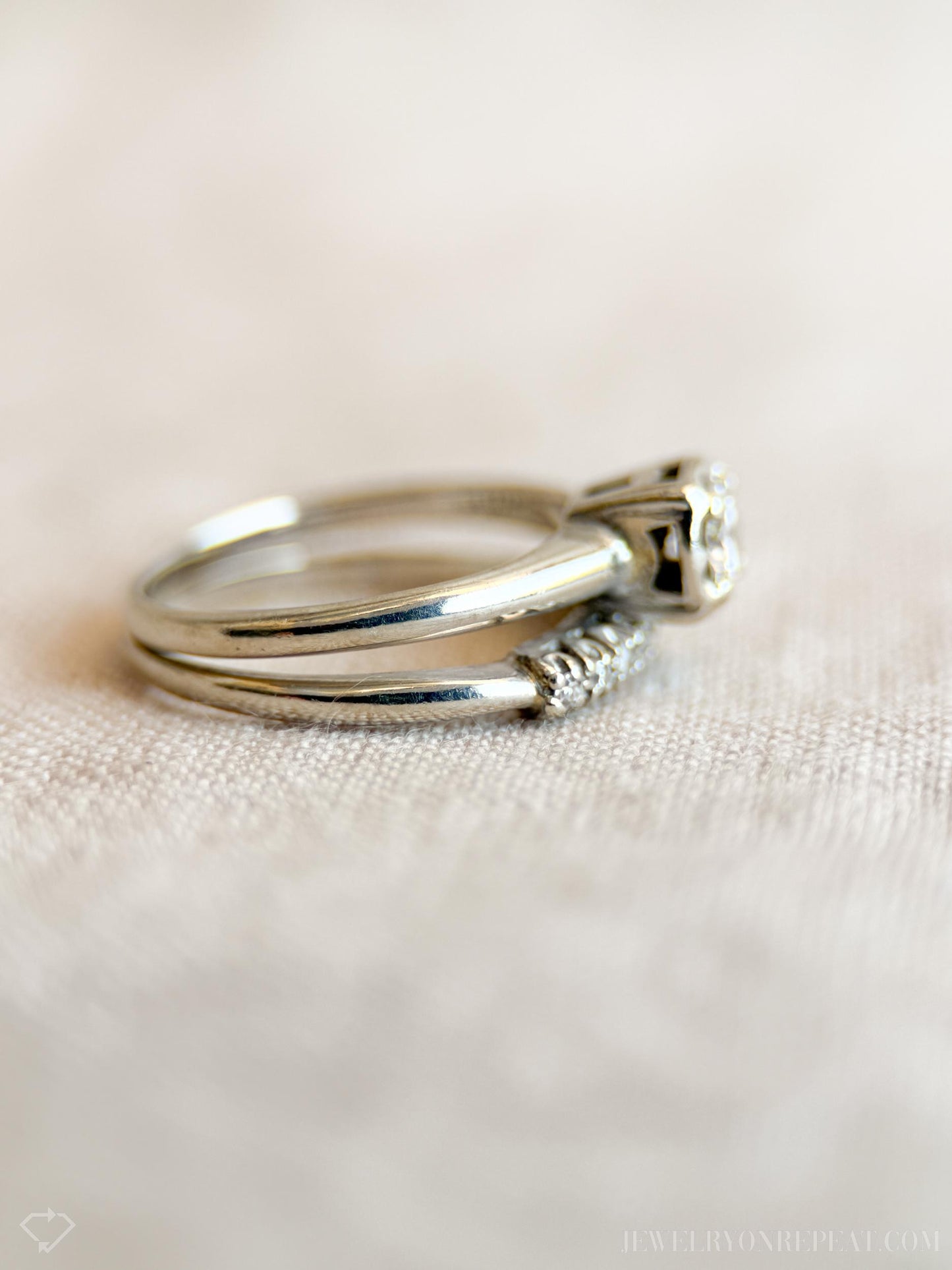 Vintage Diamond Bridal Set, Solitaire Engagement Ring and Wedding Band in 14k White Gold - Timeless, Sustainable, @JewelryOnRepeat