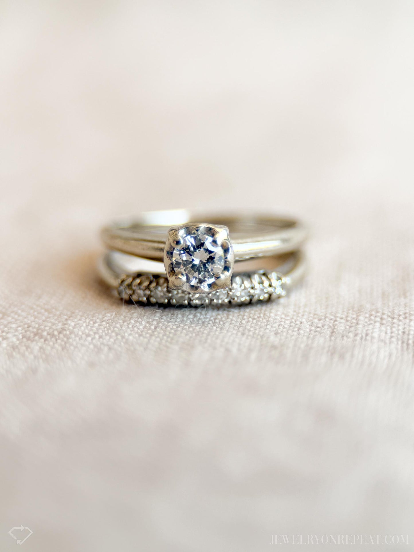 Vintage Diamond Bridal Set, Solitaire Engagement Ring and Wedding Band in 14k White Gold - Timeless, Sustainable, @JewelryOnRepeat
