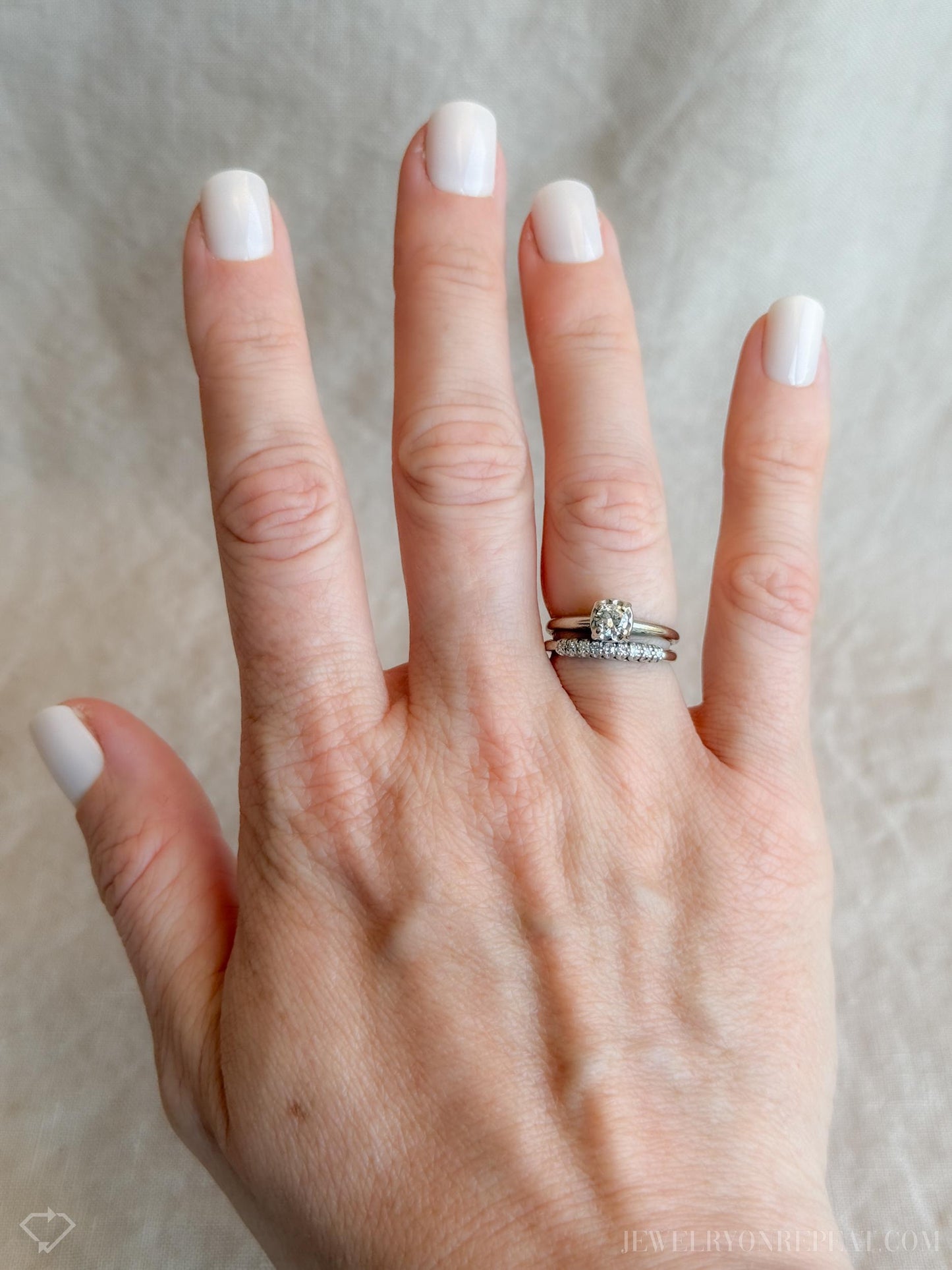 Vintage Diamond Bridal Set, Solitaire Engagement Ring and Wedding Band in 14k White Gold - Timeless, Sustainable, @JewelryOnRepeat