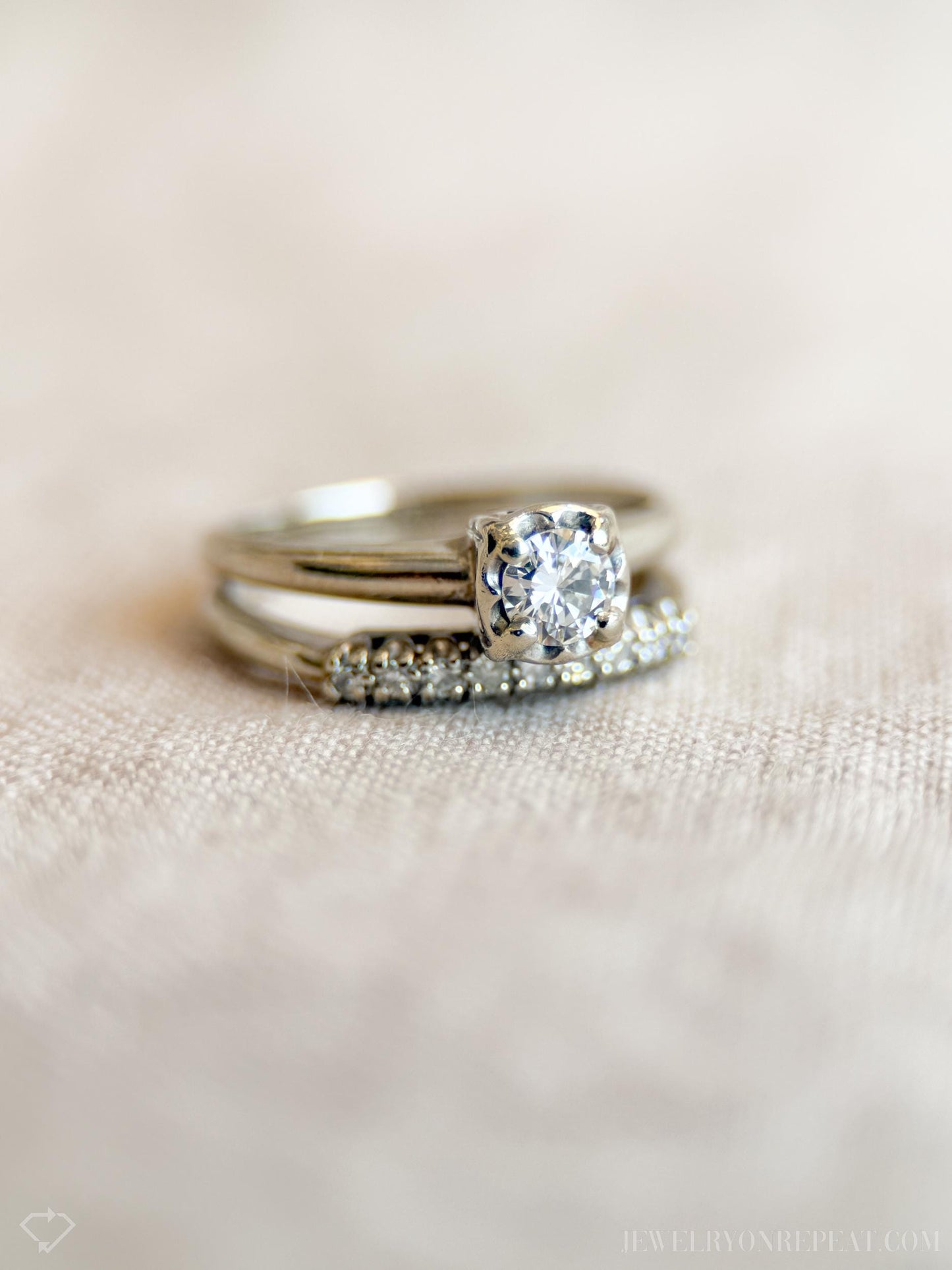 Vintage Diamond Bridal Set, Solitaire Engagement Ring and Wedding Band in 14k White Gold - Timeless, Sustainable, @JewelryOnRepeat