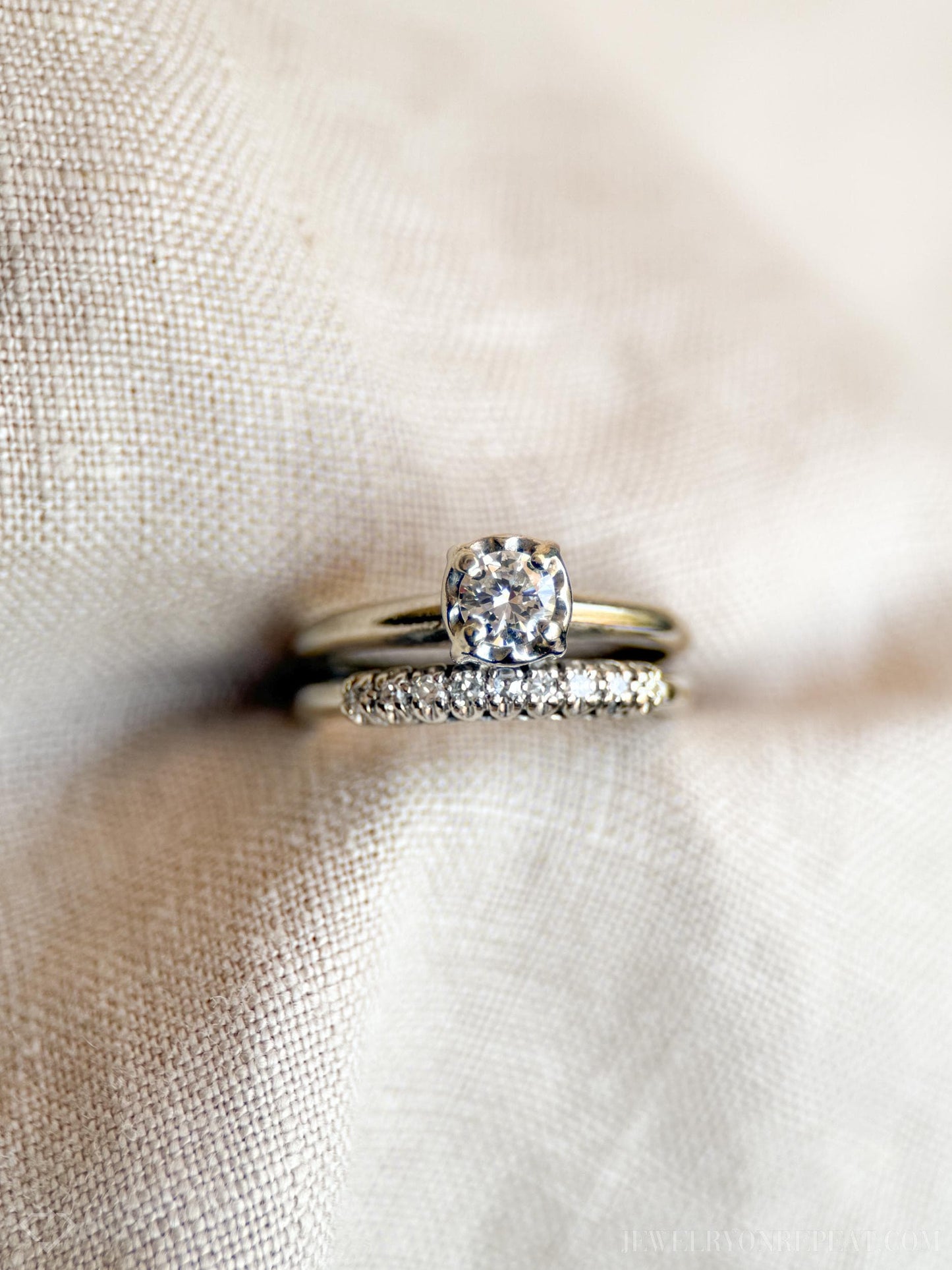 Vintage Diamond Bridal Set, Solitaire Engagement Ring and Wedding Band in 14k White Gold - Timeless, Sustainable, @JewelryOnRepeat