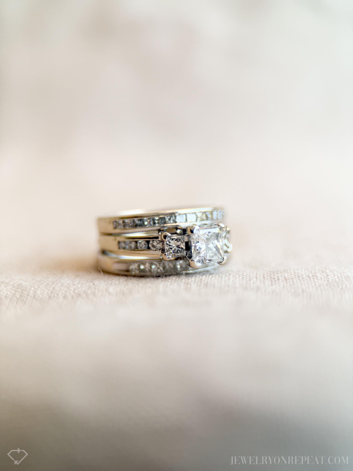 Vintage Three Stone Princess Cut Diamond Engagement Ring and Wedding Band Set in 14k White Gold, 90s Jewelry - Sustainable, @JewelryOnRepeat