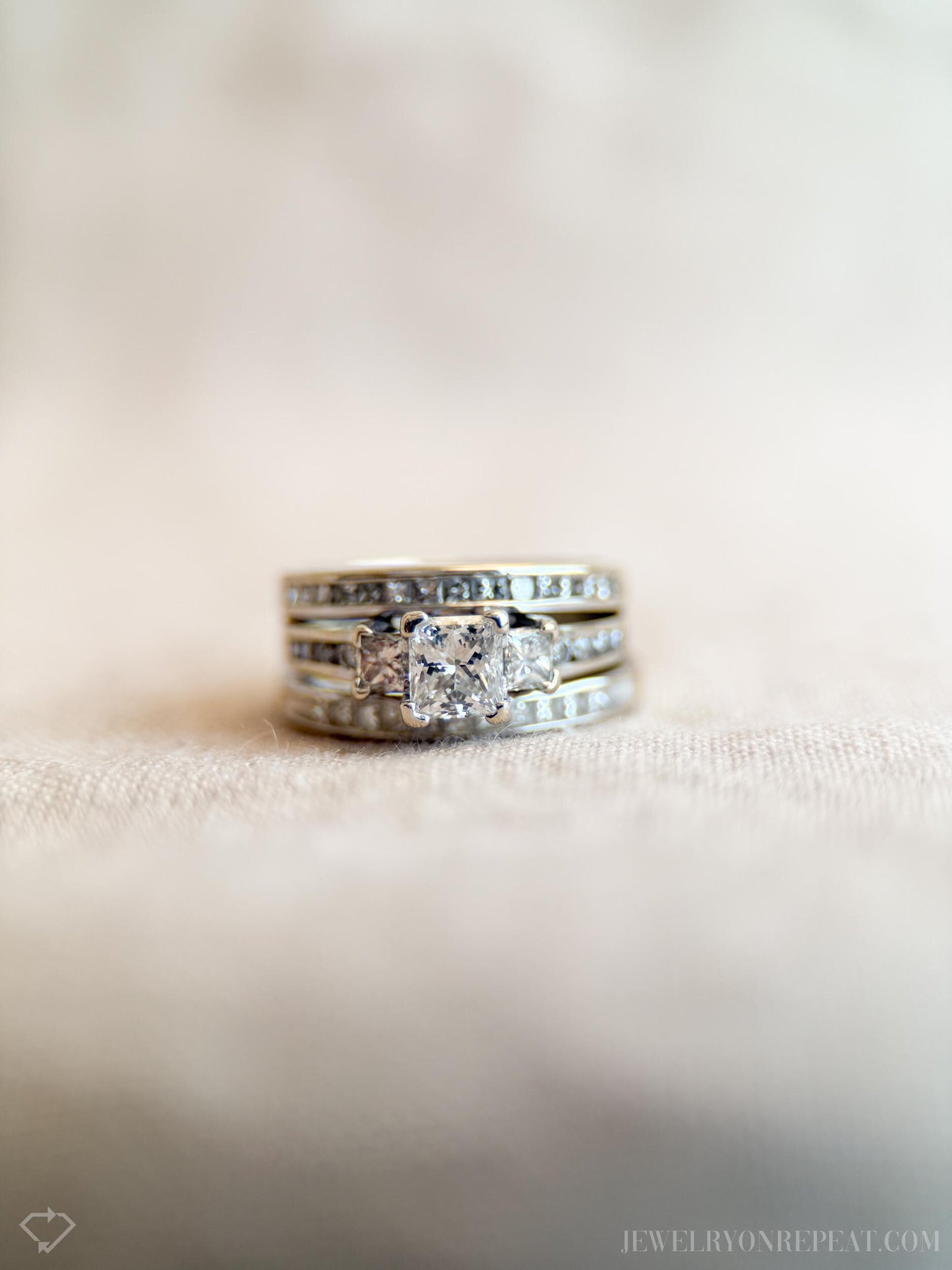 Vintage Three Stone Princess Cut Diamond Engagement Ring and Wedding Band Set in 14k White Gold, 90s Jewelry - Sustainable, @JewelryOnRepeat