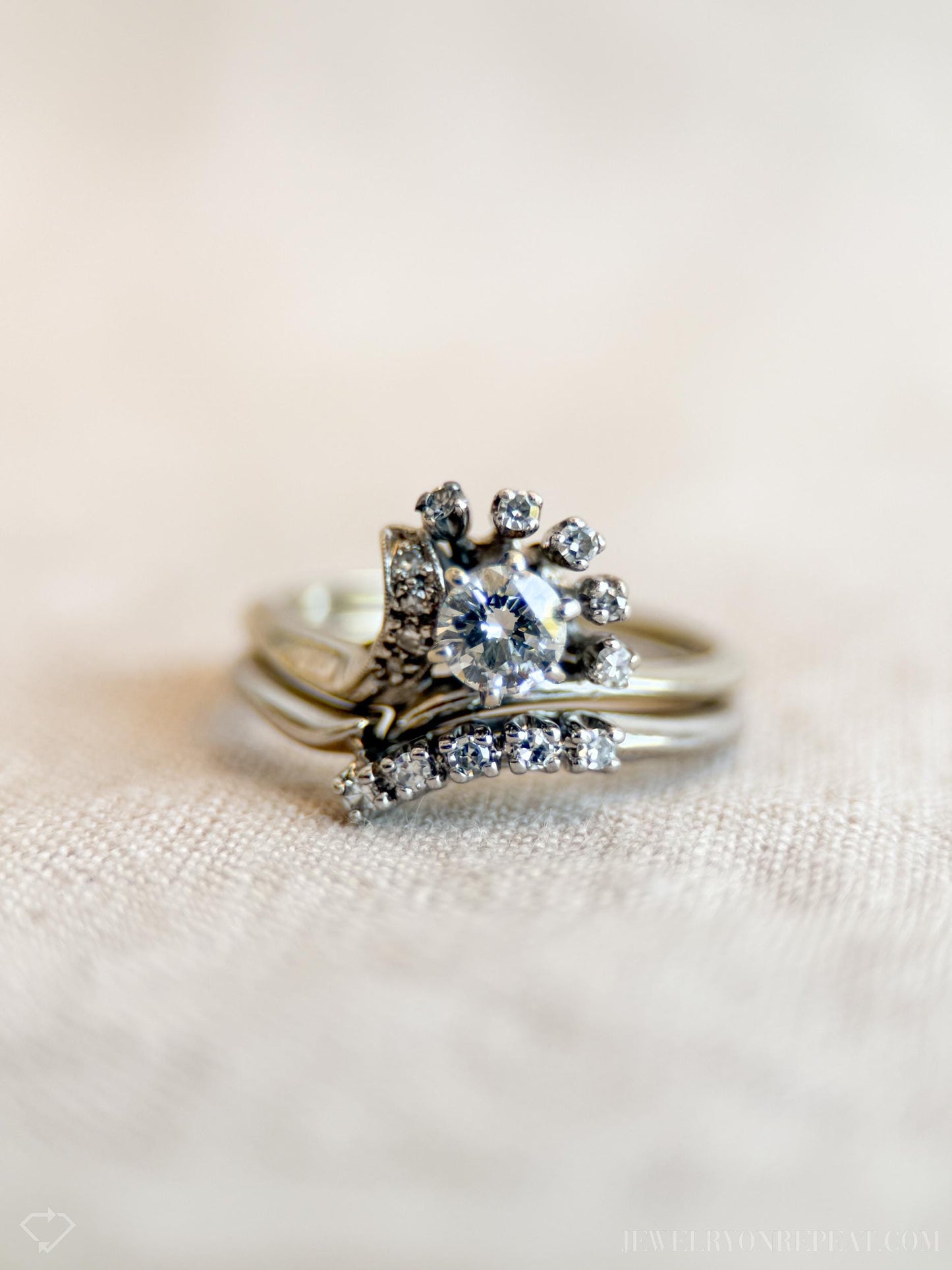 Vintage Diamond Engagement and Wedding Ring Floral Bridal Set in 14k White Gold, Antique 1950s Jewelry - Timeless @JewelryOnRepeat