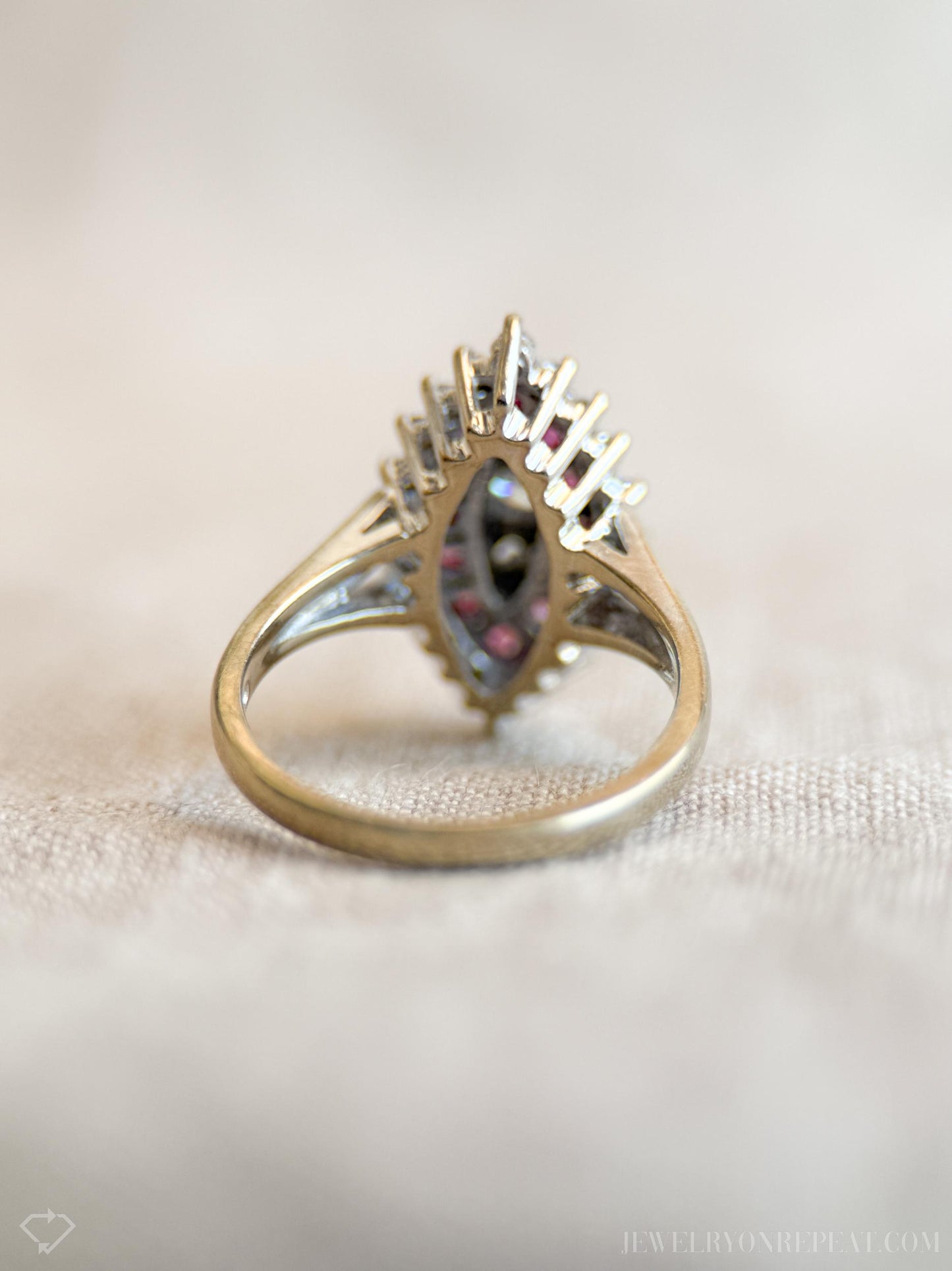 Vintage Marquise Diamond and Ruby Engagement Ring in 14k White Gold, Antique 1950s Jewelry - Timeless, Sustainable, @JewelryOnRepeat