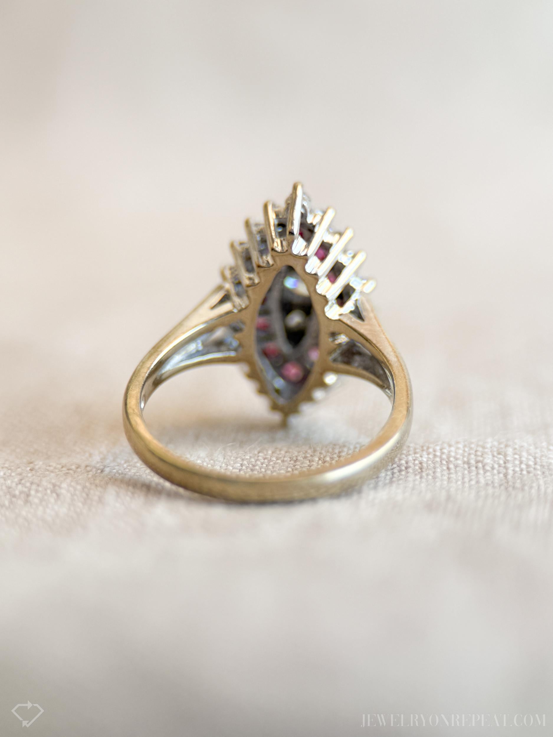 Vintage Marquise Diamond and Ruby Engagement Ring in 14k White Gold, Antique 1950s Jewelry - Timeless, Sustainable, @JewelryOnRepeat
