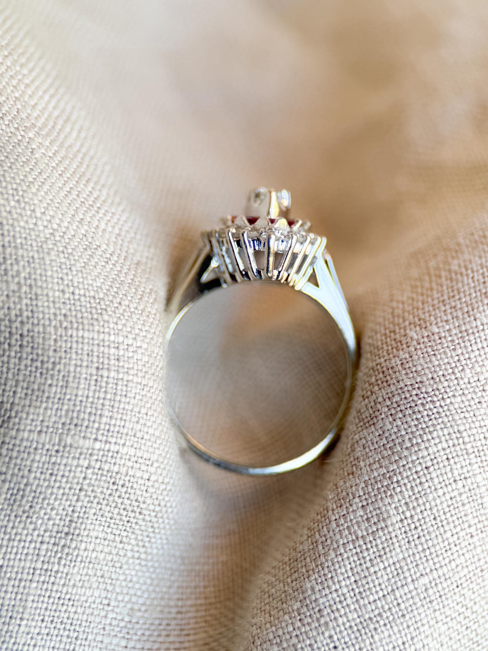 Vintage Marquise Diamond and Ruby Engagement Ring in 14k White Gold, Antique 1950s Jewelry - Timeless, Sustainable, @JewelryOnRepeat