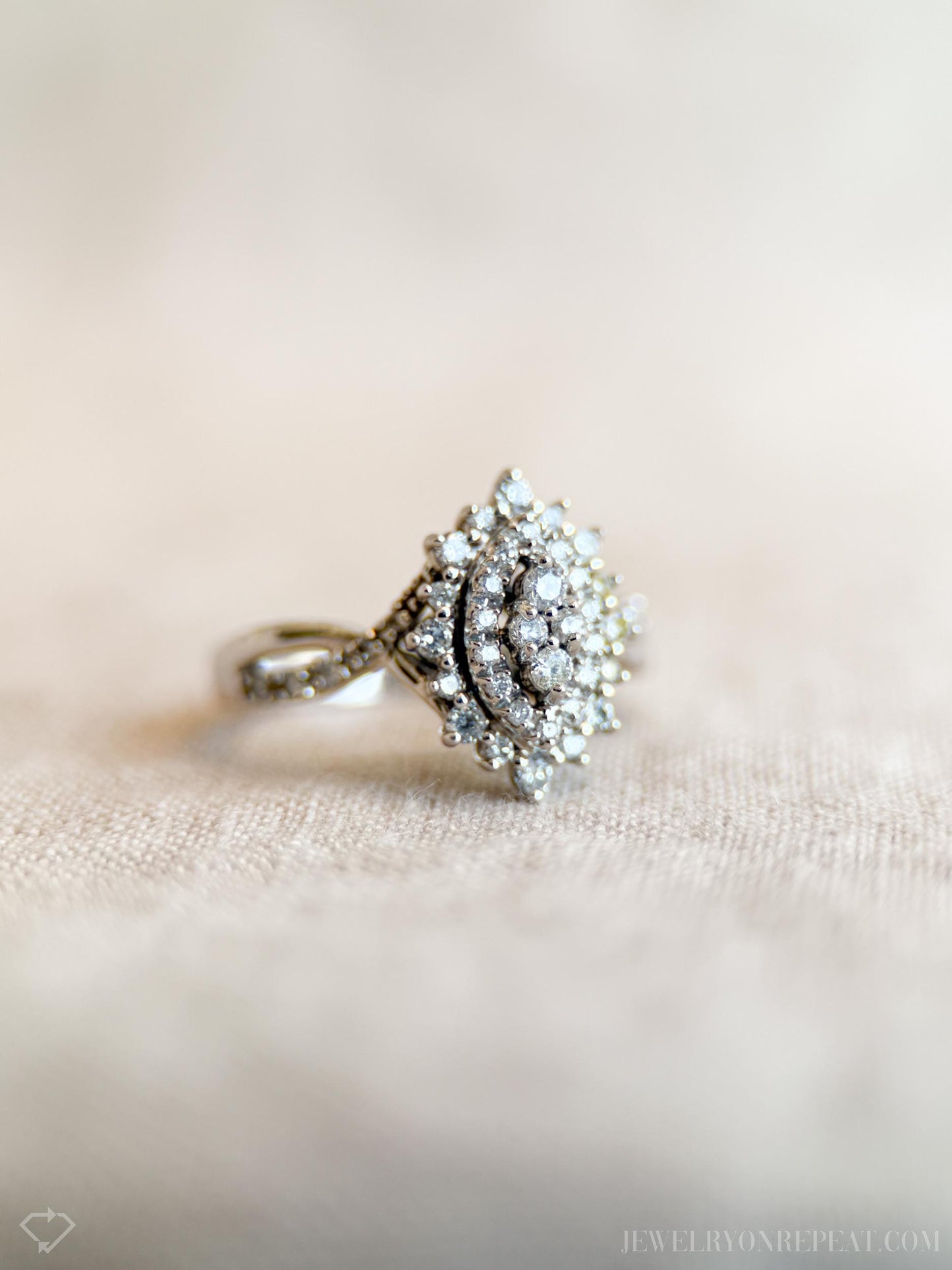 Vintage Marquise Diamond Cluster Engagement Ring in 10k White Gold, Antique 1990s Jewelry - Timeless, Sustainable, @JewelryOnRepeat
