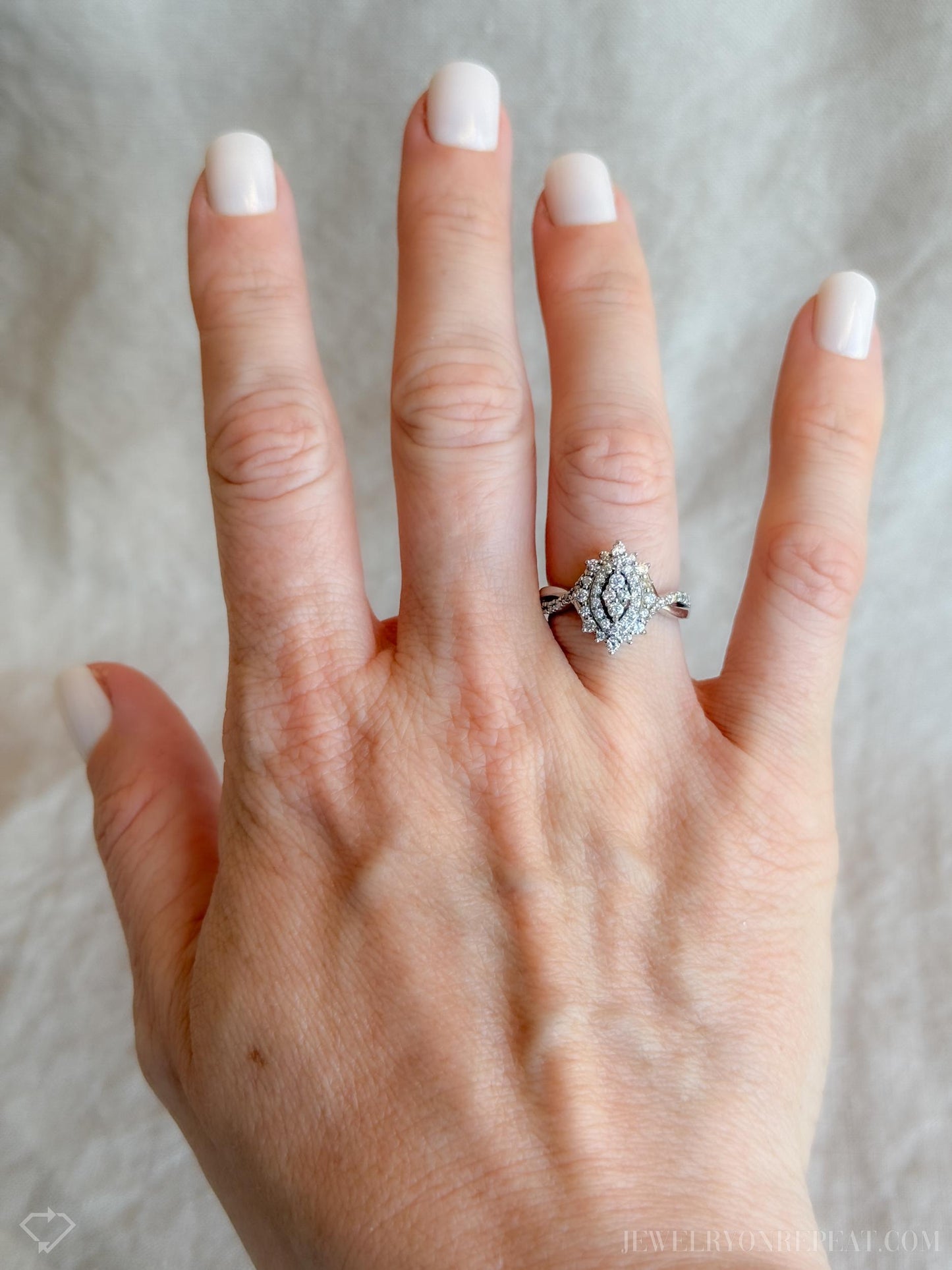 Vintage Marquise Diamond Cluster Engagement Ring in 10k White Gold, Antique 1990s Jewelry - Timeless, Sustainable, @JewelryOnRepeat