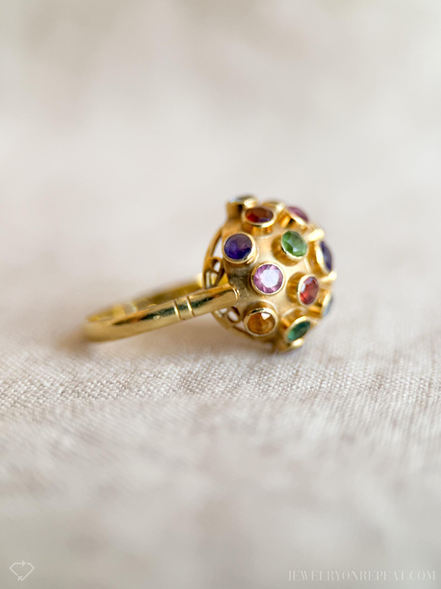 Vintage Rainbow Gemstone Disco Ball Statement Ring in 18k Gold, Antique Jewelry from the 1970s - Timeless, Sustainable, @JewelryOnRepeat