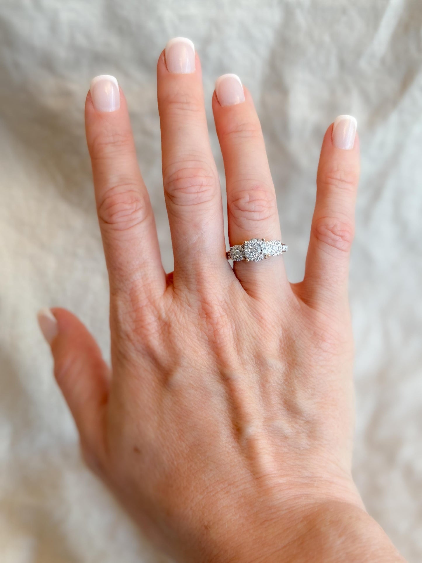 Vintage Diamond Halo Three Stone Engagement Ring in 14k Gold - Retro 1990s Jewelry - Timeless, Sustainable, @JewelryOnRepeat