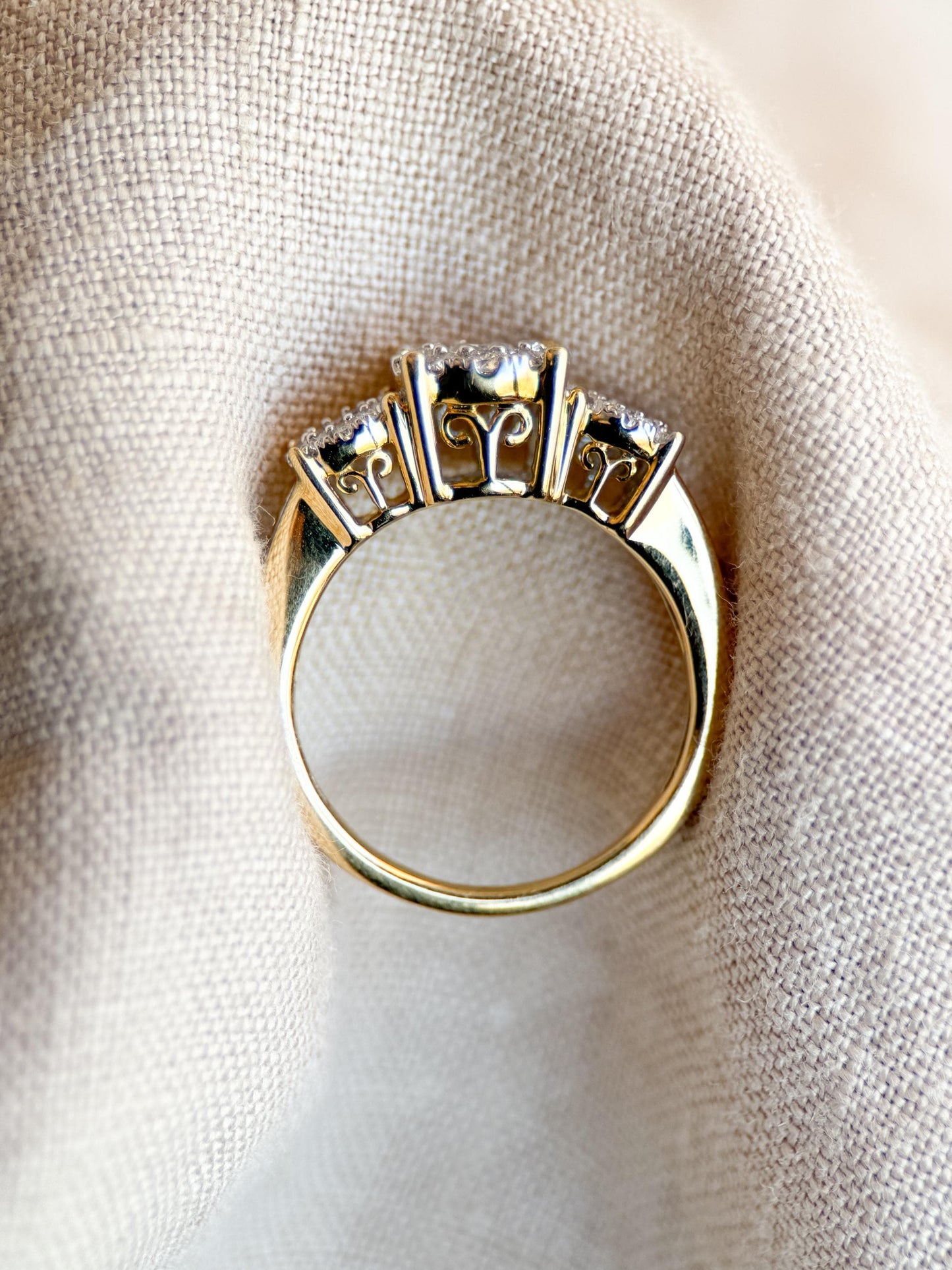 Vintage Diamond Halo Three Stone Engagement Ring in 14k Gold - Retro 1990s Jewelry - Timeless, Sustainable, @JewelryOnRepeat