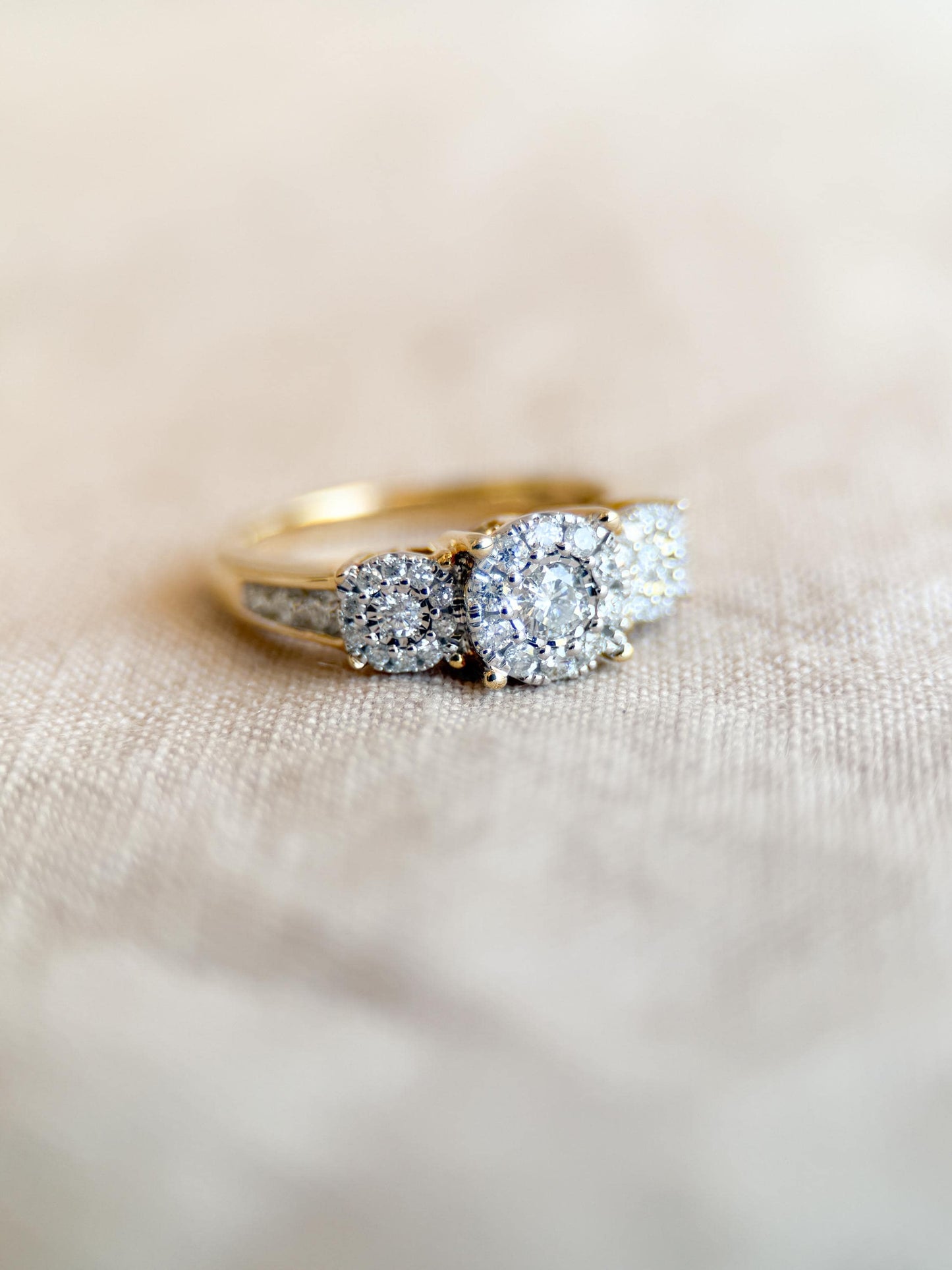 Vintage Diamond Halo Three Stone Engagement Ring in 14k Gold - Retro 1990s Jewelry - Timeless, Sustainable, @JewelryOnRepeat