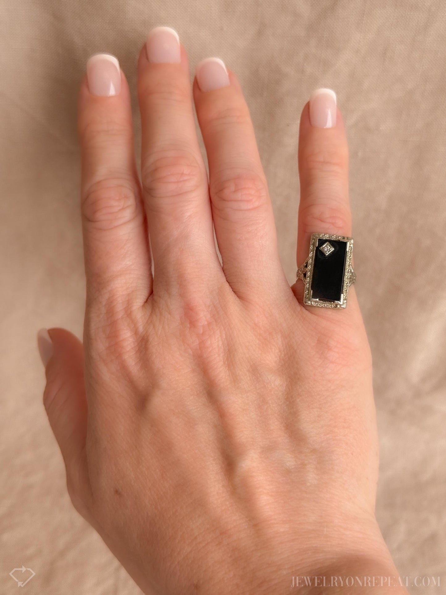 Vintage Onyx and Diamond Ring in 18k White Gold, Antique Jewelry from the 1940s - Timeless, Sustainable, @JewelryOnRepeat