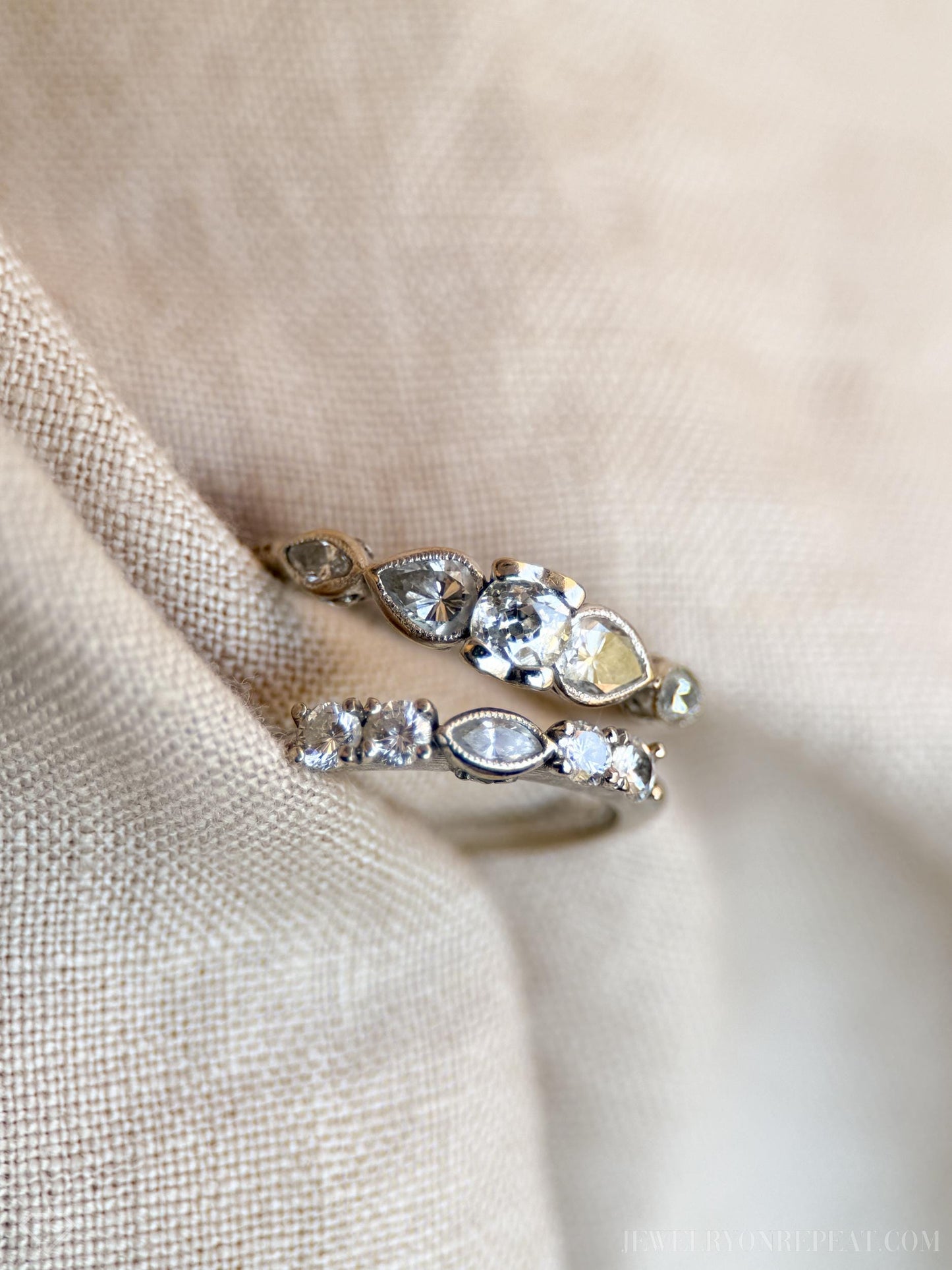 Vintage Diamond Filigree Bridal Set, Engagement Ring and Wedding Band in 14k White Gold - Timeless, Sustainable @JewelryOnRepeat