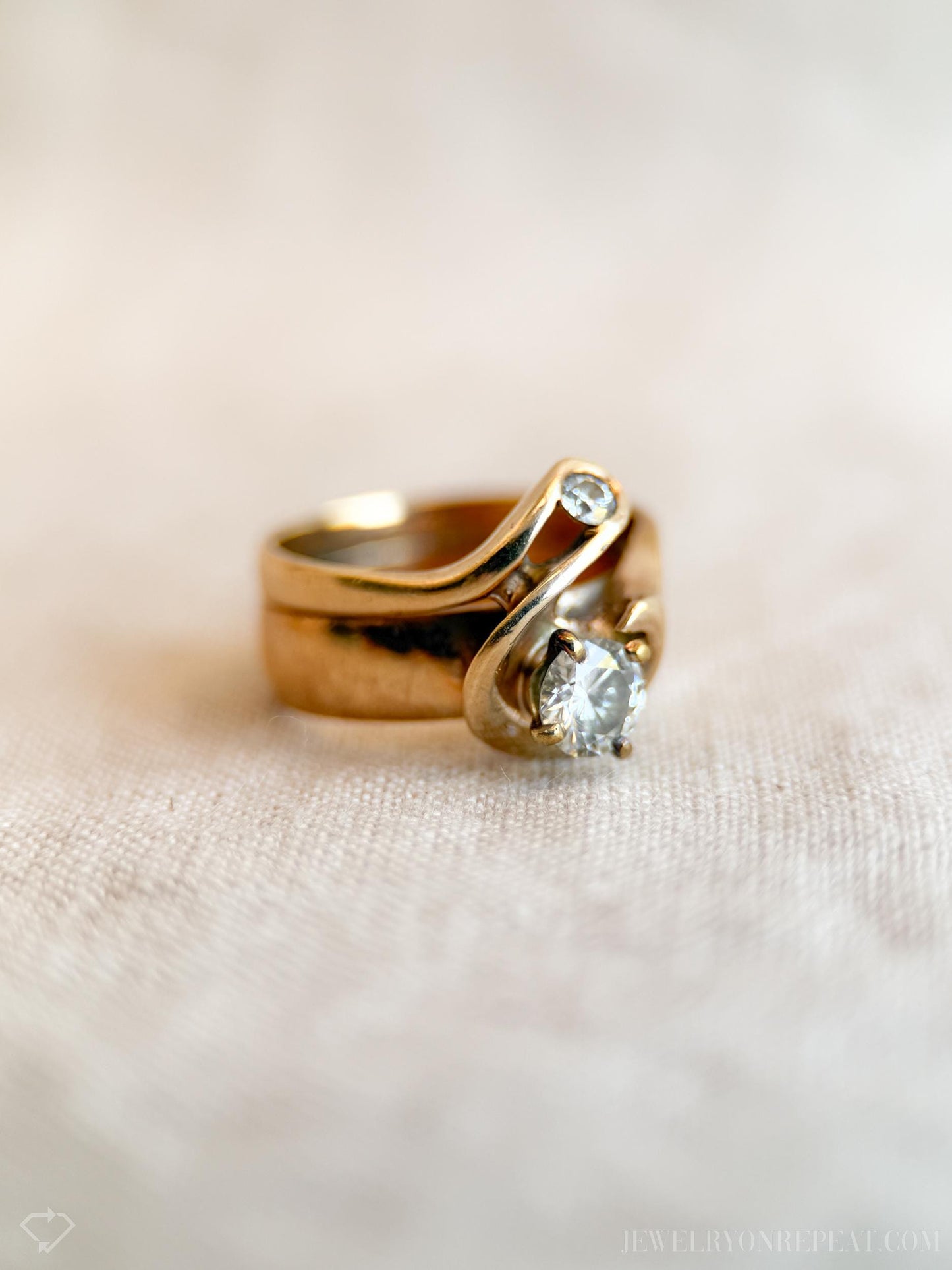 Vintage Diamond Bridal Set Freeform Engagement Ring and Wedding Band in 14k Gold, Antique 1930s Jewelry - Timeless, @JewelryOnRepeat