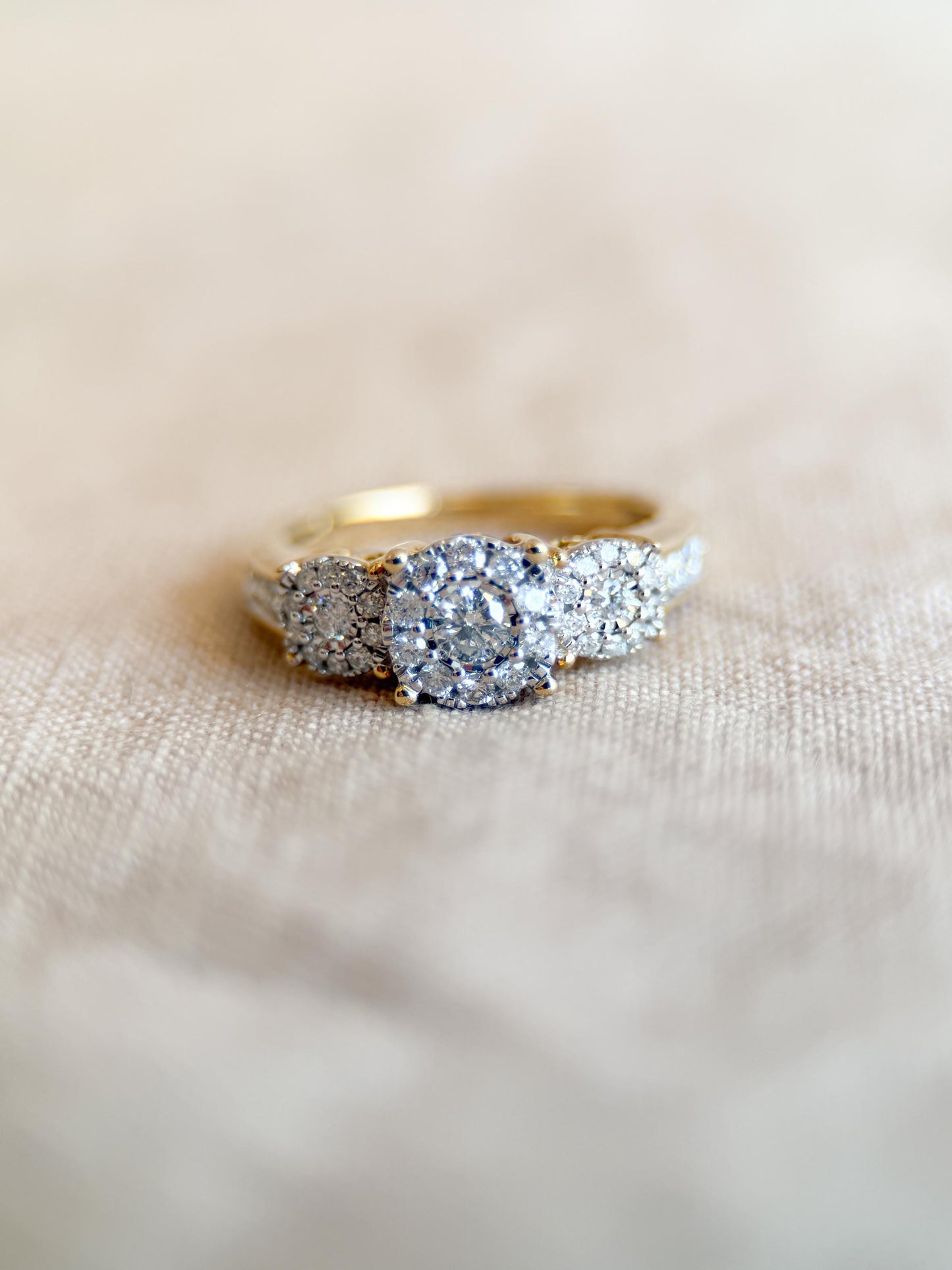 Vintage Diamond Halo Three Stone Engagement Ring in 14k Gold - Retro 1990s Jewelry - Timeless, Sustainable, @JewelryOnRepeat