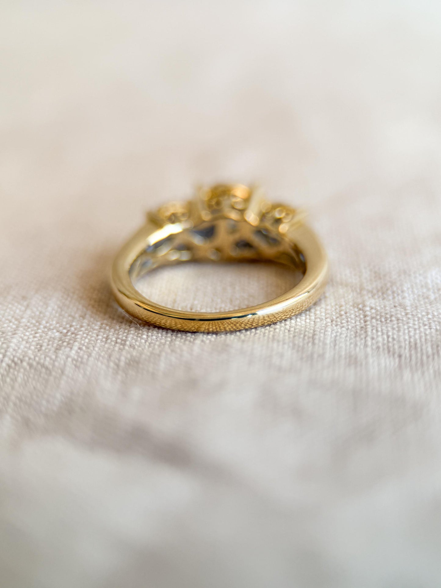 Vintage Diamond Halo Three Stone Engagement Ring in 14k Gold - Retro 1990s Jewelry - Timeless, Sustainable, @JewelryOnRepeat