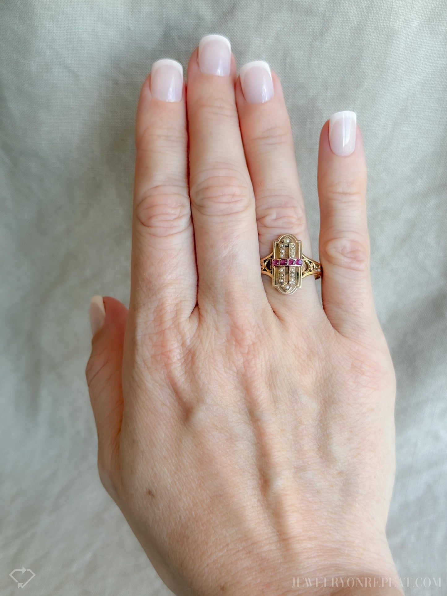Vintage Art Deco Ruby and Pearl Ring in 18k Rose Gold, Antique Jewelry from the 1880s - Timeless, Sustainable, @JewelryOnRepeat