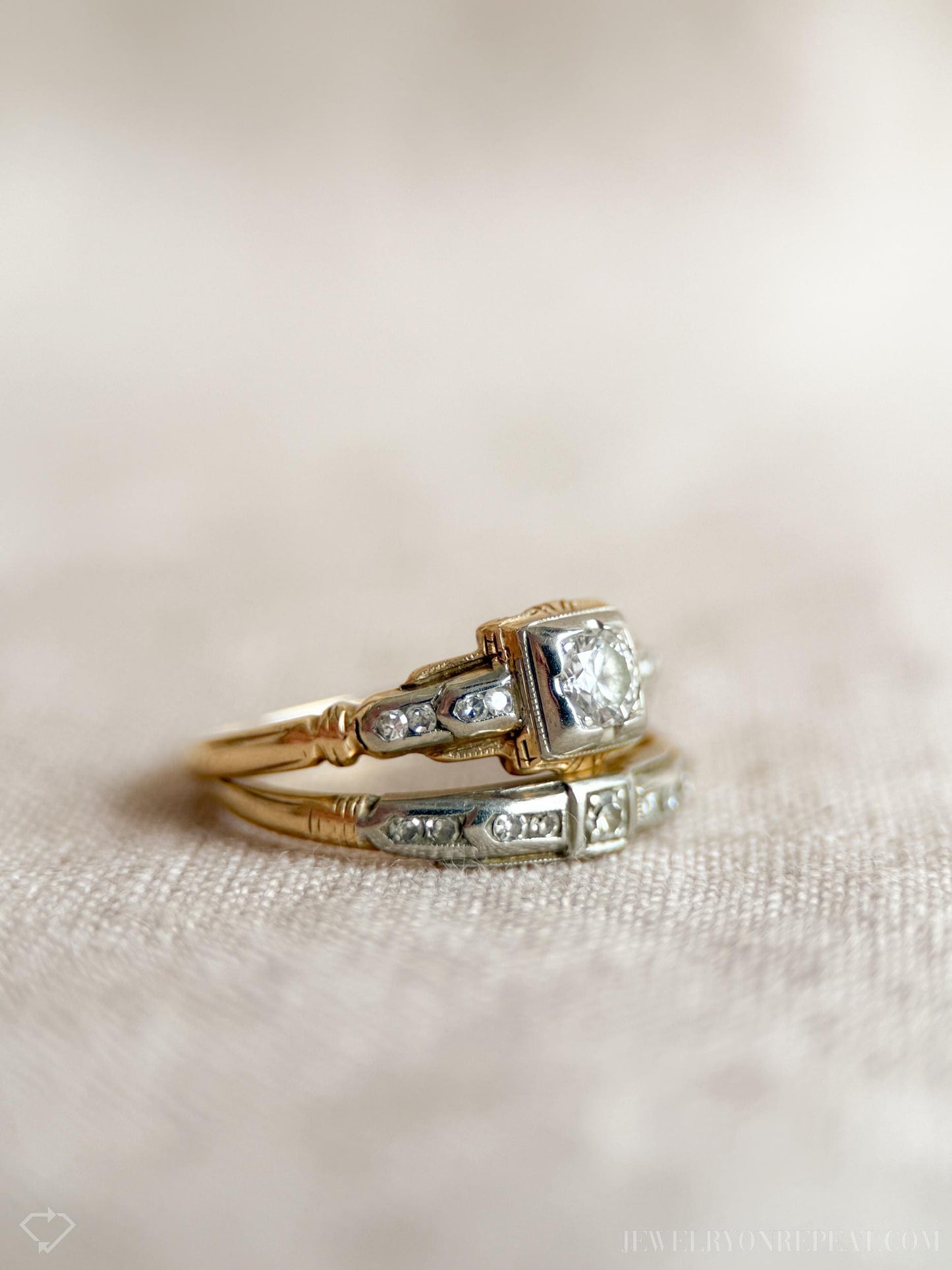 Vintage Art Deco Diamond Bridal Set, Engagement Ring and Wedding Band in 14k Gold, Antique 1940s Jewelry - Timeless, @JewelryOnRepeat