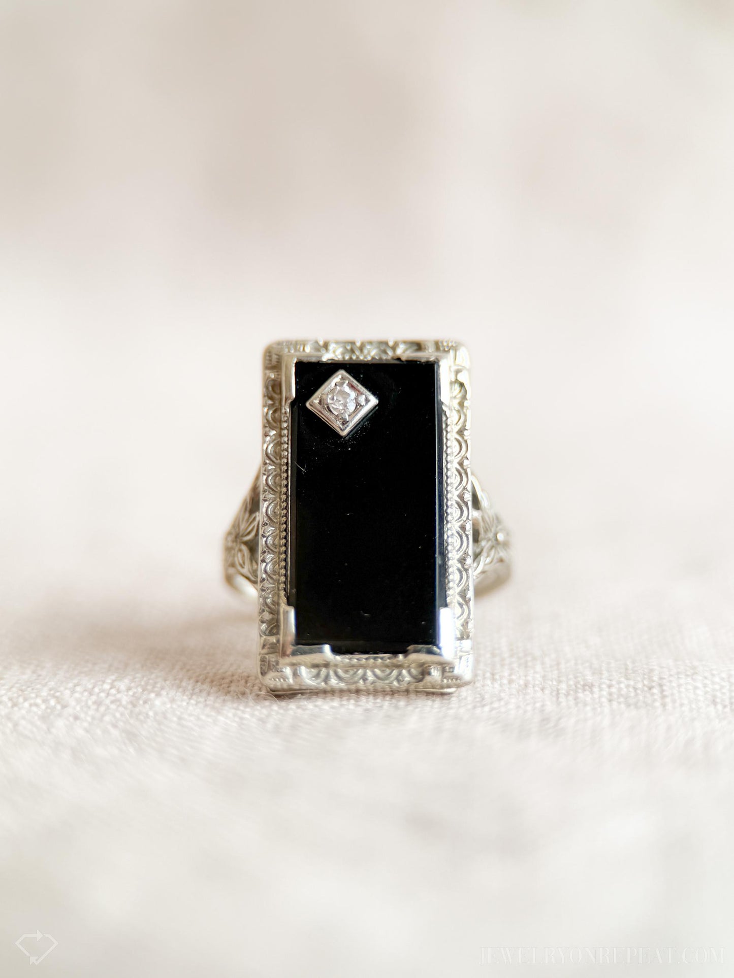 Vintage Onyx and Diamond Ring in 18k White Gold, Antique Jewelry from the 1940s - Timeless, Sustainable, @JewelryOnRepeat