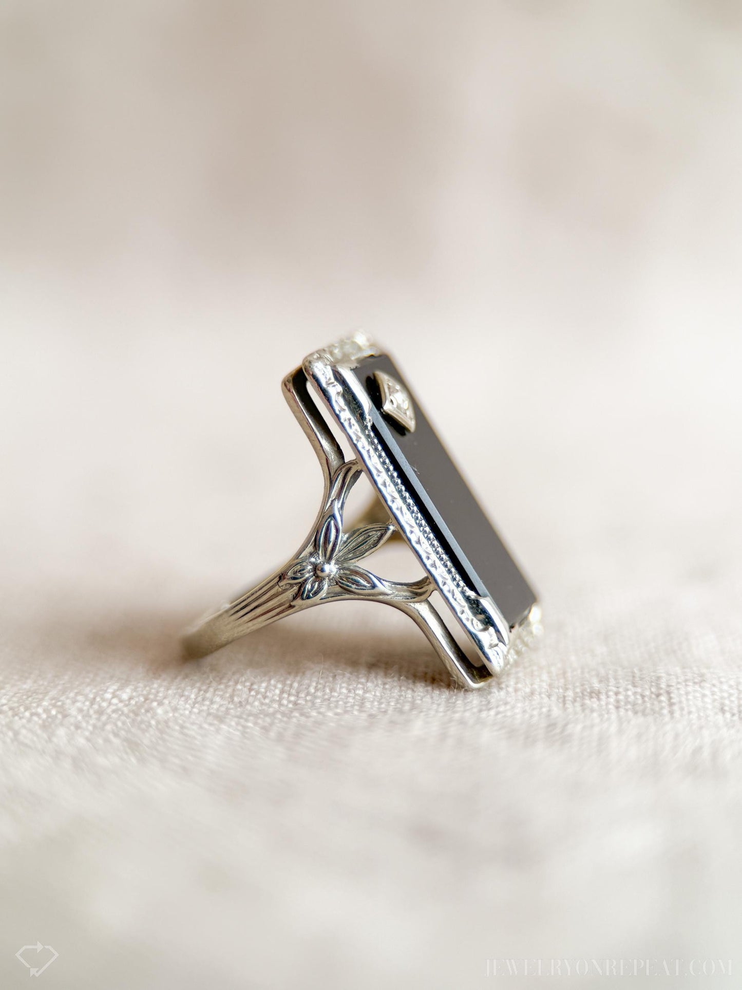 Vintage Onyx and Diamond Ring in 18k White Gold, Antique Jewelry from the 1940s - Timeless, Sustainable, @JewelryOnRepeat